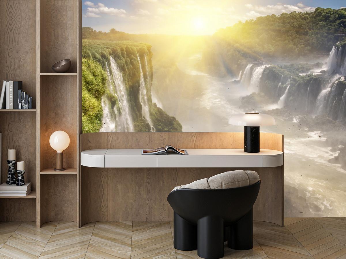 FOTOTAPETE für Wohnzimmer Wasserfall Sonnenaufgang Pflanzen 400x280 - Gelb/Beige, Papier (400/280cm) - Muralo