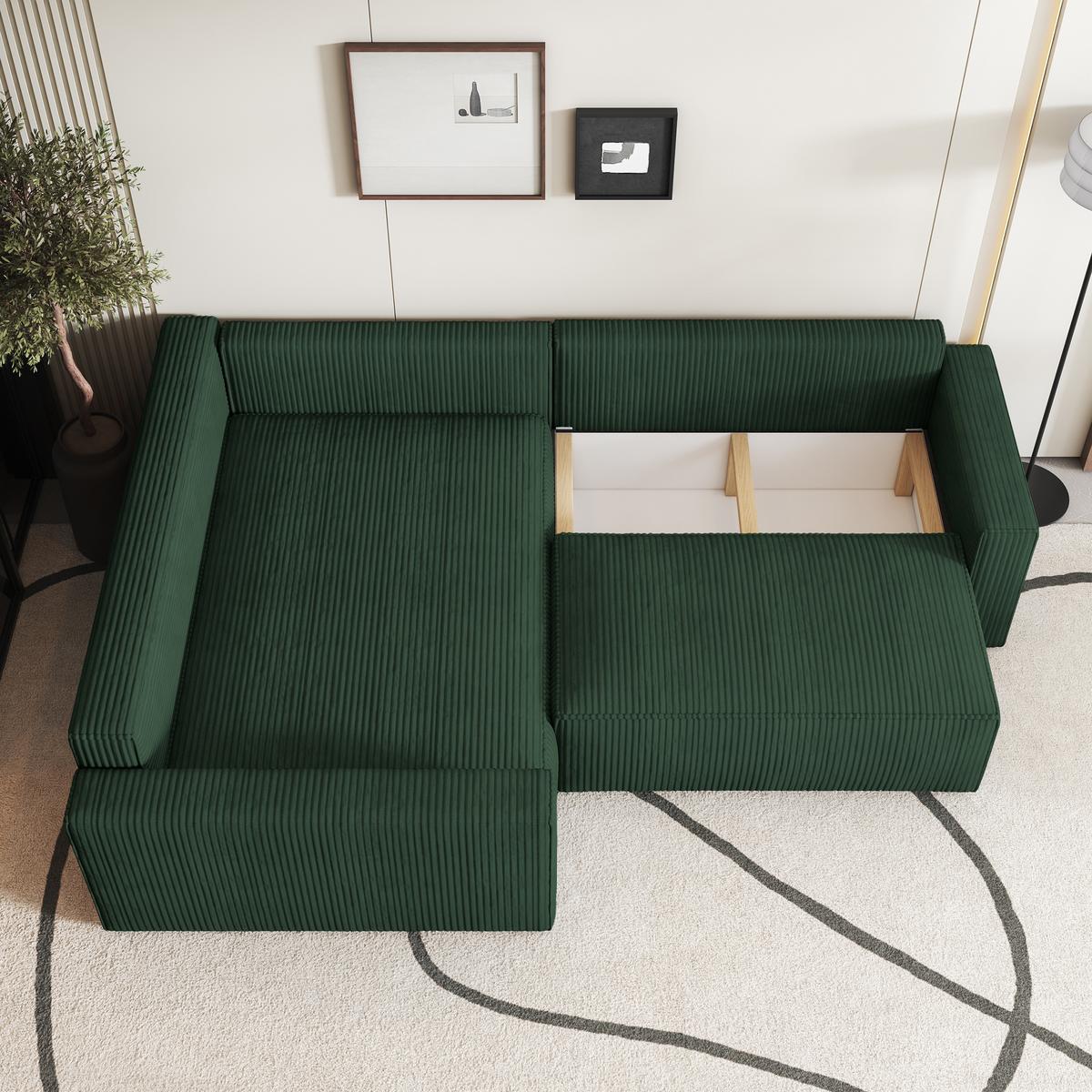 ECKSOFA ERONIS L-S Grün Kordstoff mit Schlaffunktion - Grün, Holz (265/194cm) - MASSENO