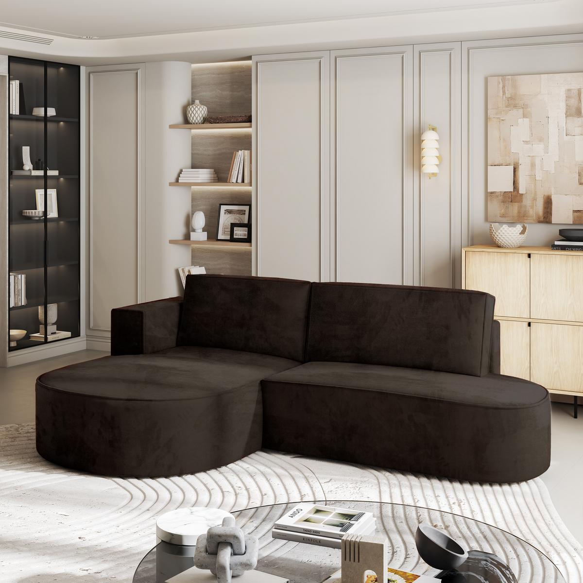 ECKSOFA CORTIO M L-S Braun Velours-Stoff mit Schlaffunktion - Braun/Grau, Holz/Kunststoff (265/174cm) - MASSENO