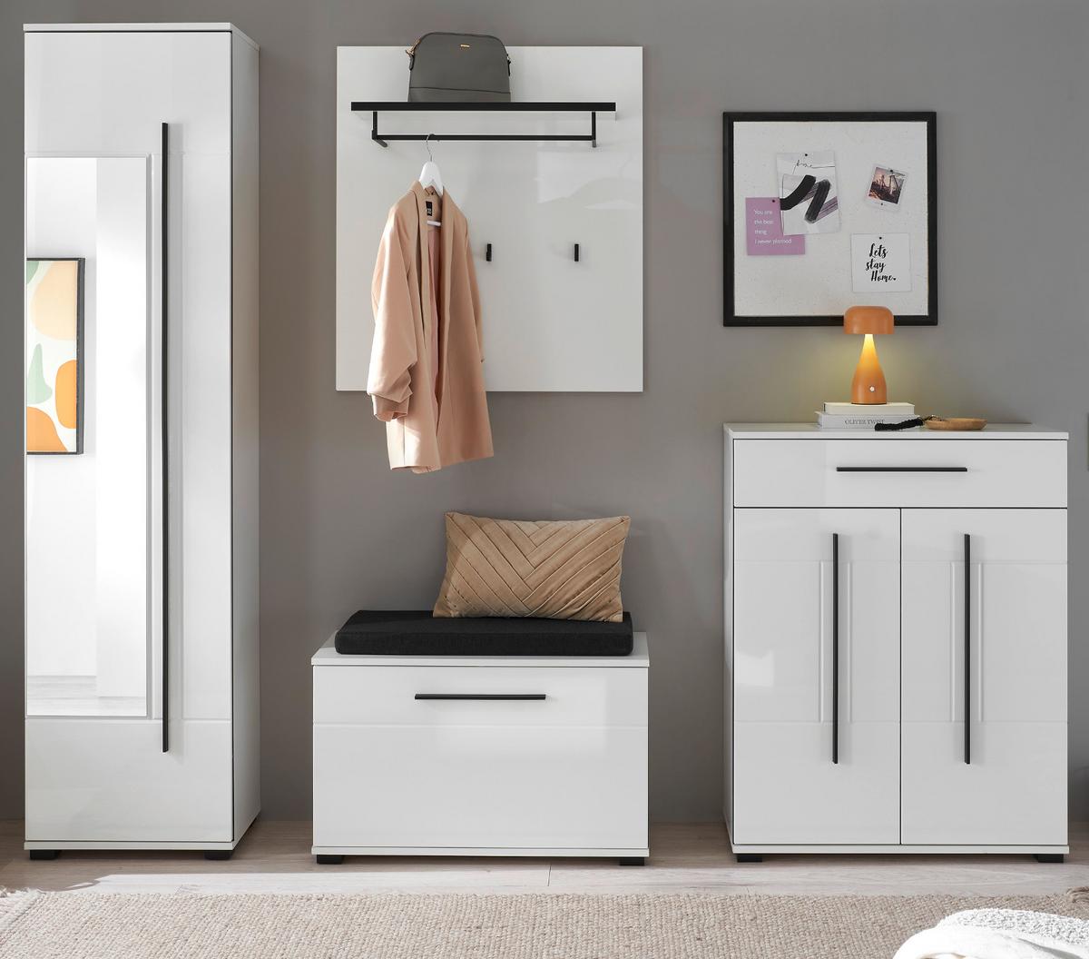 GARDEROBEN-SET weiß Hochglanz 5-teilig 230 cm, Flurgarderobe mit viel Stauraum - Dunkelgrau/Weiß Hochglanz, Glas/Holzwerkstoff (230/230/40cm) - Furn.Design