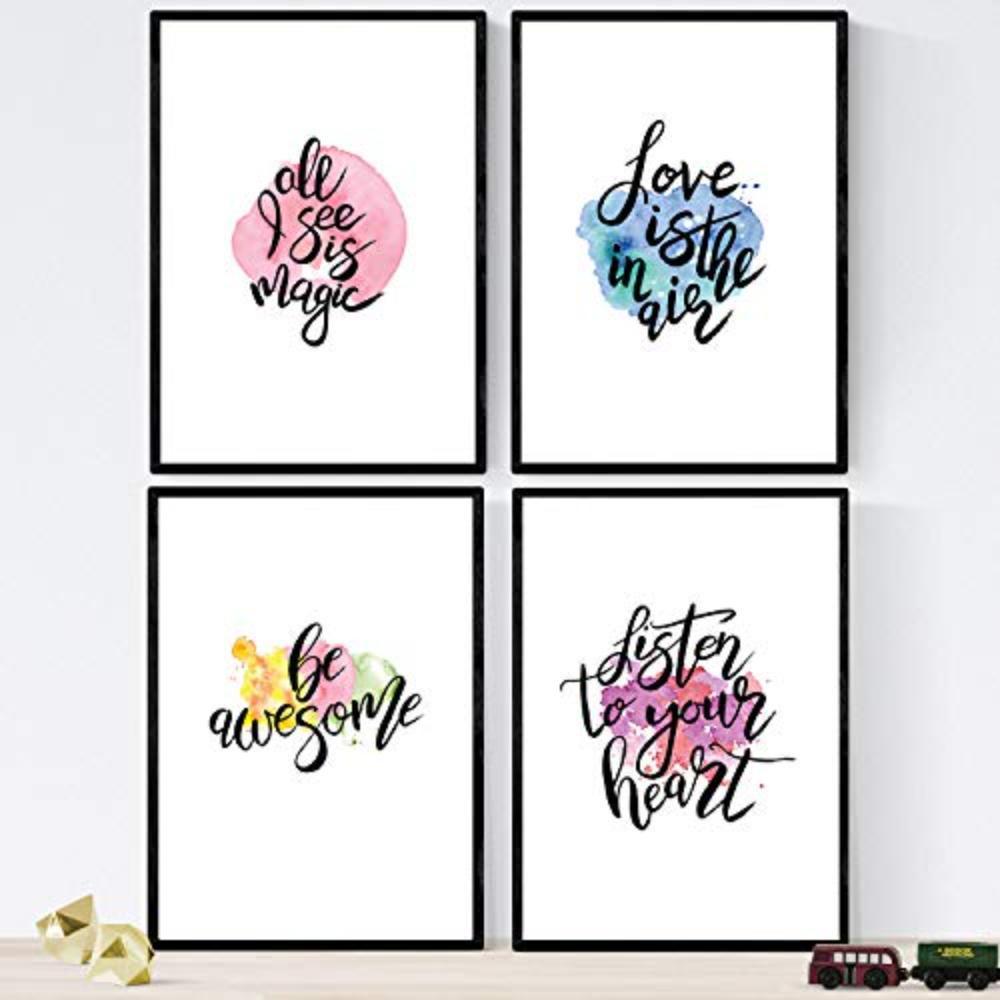 POSTER Set mit 4 glücklich und bunt ‚Love‘ A3 Schwarzer Rahmen - Schwarz, Papier (29.7/3cm) - Nacnic