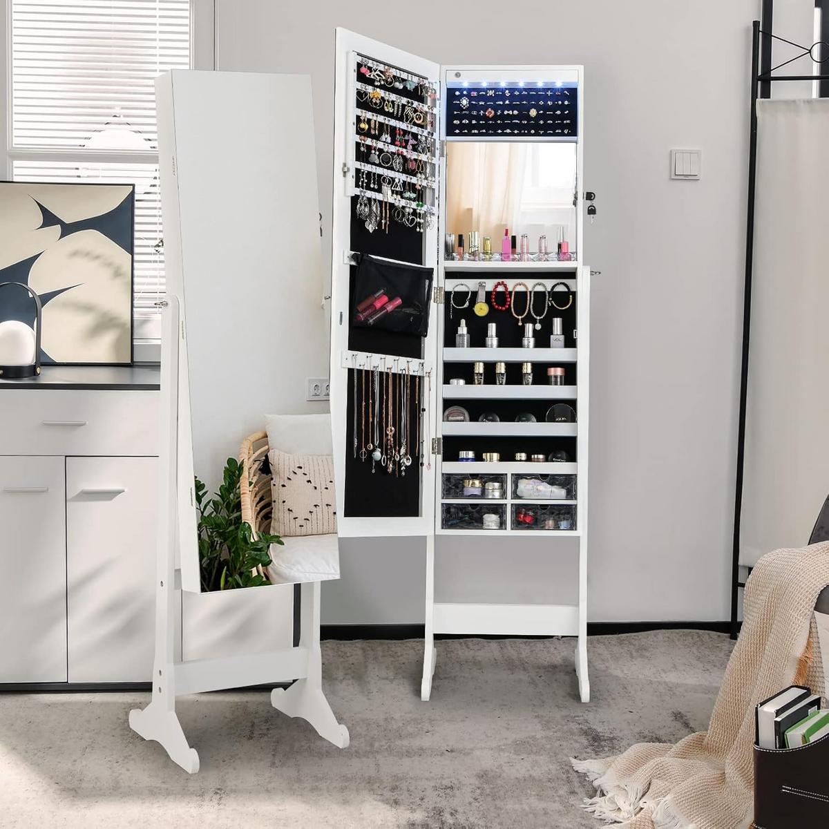SCHMUCKSCHRANK neigungsverstellbar Weiß - Weiß, Holz (41/158/36cm) - COSTWAY