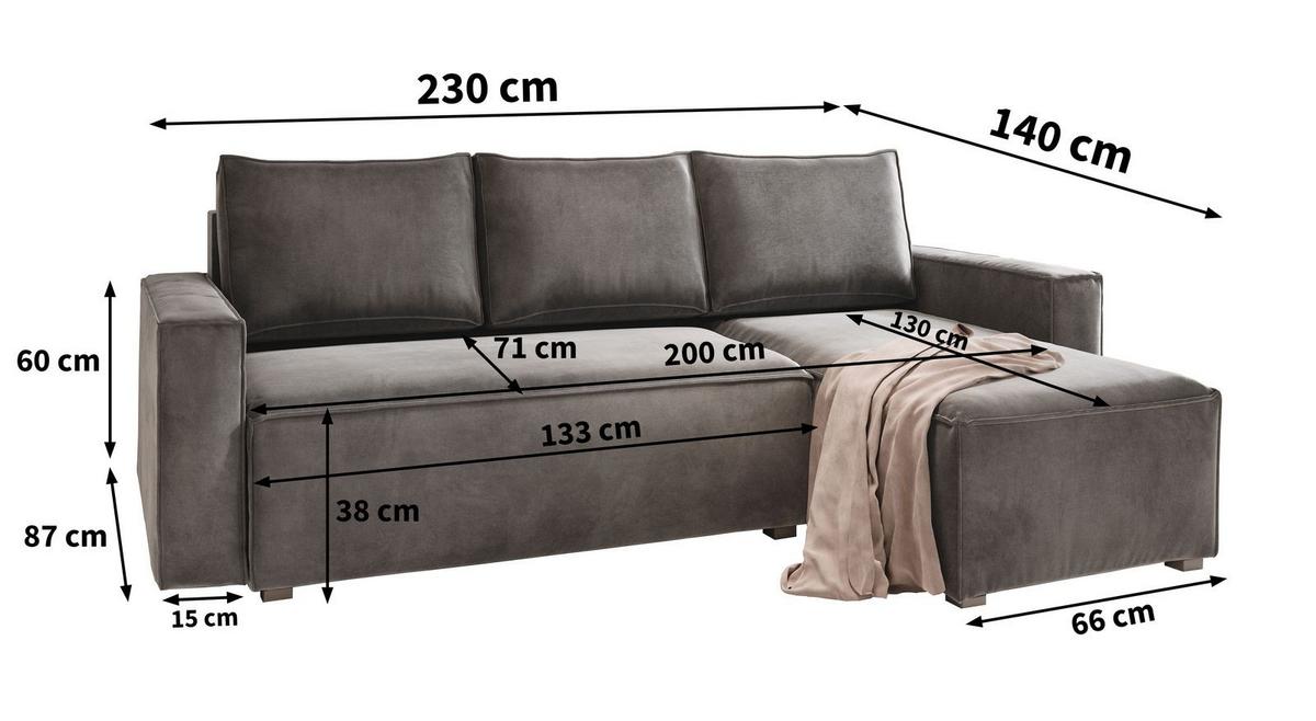 ECKSOFA SILES Grau Velours-Stoff mit Schlaffunktion - Grau, Holz/Kunststoff (230/140cm) - MASSENO
