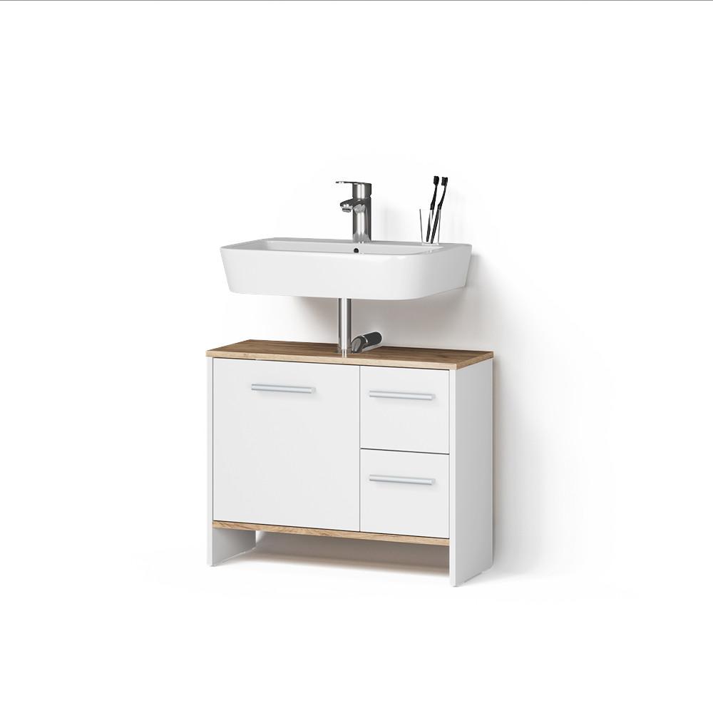 WASCHBECKENUNTERSCHRANK Amalfi Weiß/Goldkraft Eiche 70.2 x 57 cm mit 2 Schubladen und 1 Tür - Honigeiche/Weiß, Holzwerkstoff (70.2/57/27.9cm) - Livinity®