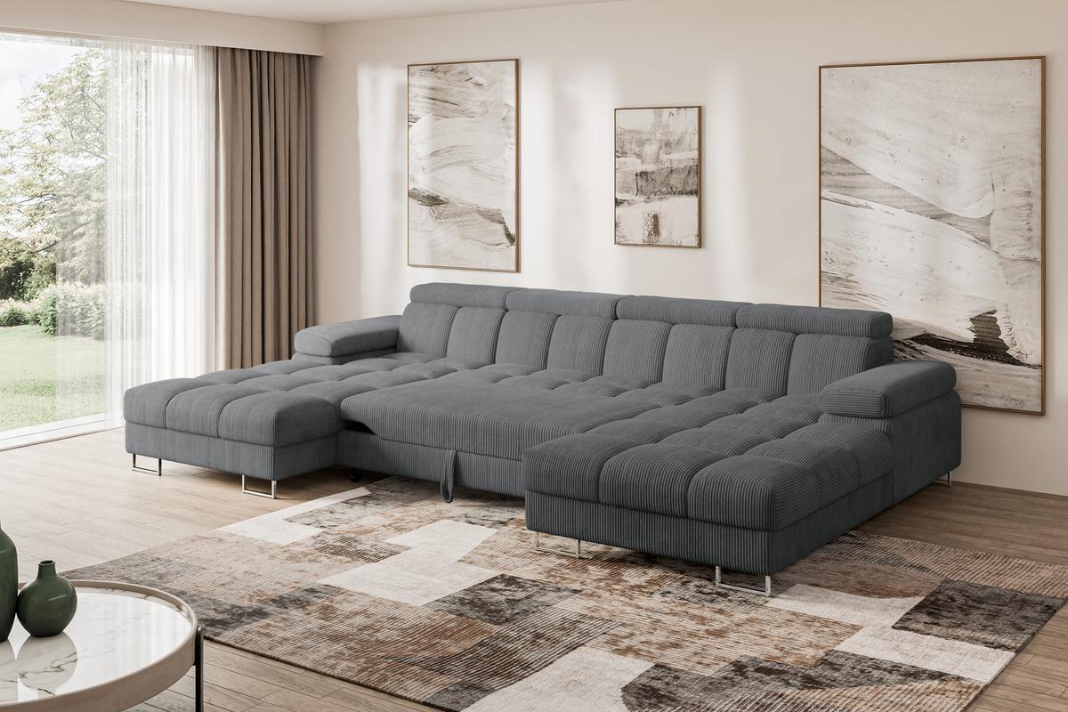 WOHNLANDSCHAFT mit Schlaffunktion und Bettkasten COMA U2 345x203x79 Dunkelgrau Cord - Graphitfarben, Holzwerkstoff/Textil (345/79/203cm) - ALTDECOR