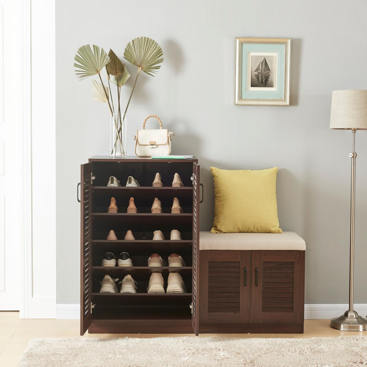 SCHUHSCHRANK Løten mit Sitzbank - Wengefarben, Holzwerkstoff (120/97/36cm) - [en.casa]