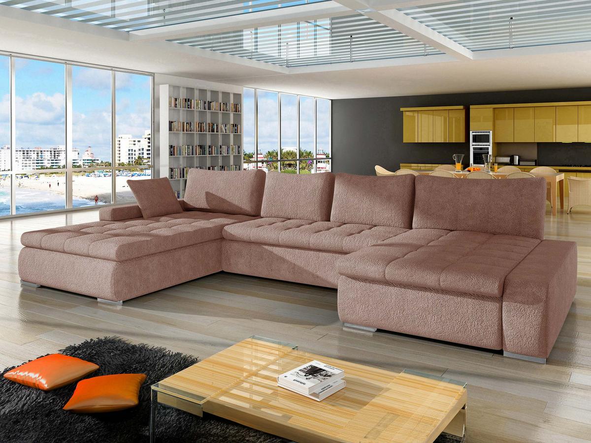 WOHNLANDSCHAFT Caro - Hellrosa/Silberfarben, Holz/Textil (394/80/213cm) - MIRJAN24