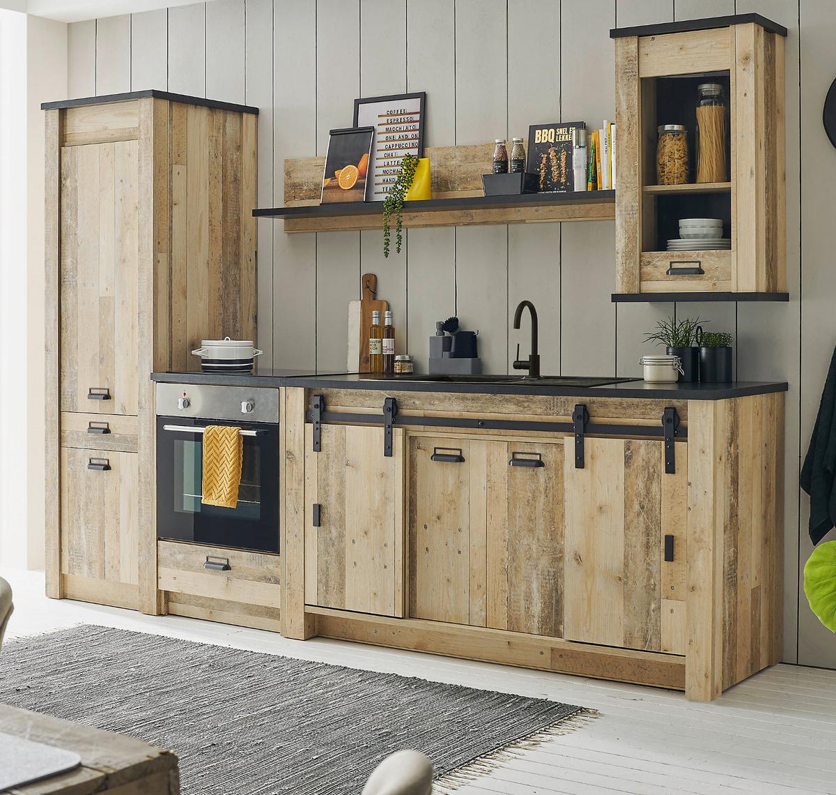 KÜCHENZEILE in Used Wood, anthrazit 284 cm, Küchenschrank-Set 5-teilig mit Soft-Close - Anthrazit/Schwarz, Glas/Holzwerkstoff (284/201/64cm) - Furn.Design