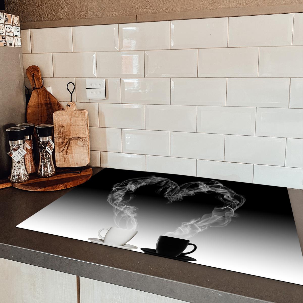 HERDABDECKPLATTE Kaffee - Herz - Schwarz und weiß - Tassen Ceranfeldabdeckung 76x51.5 cm - Weiß, Kunststoff (76/51.5/0.2cm) - MuchoWow