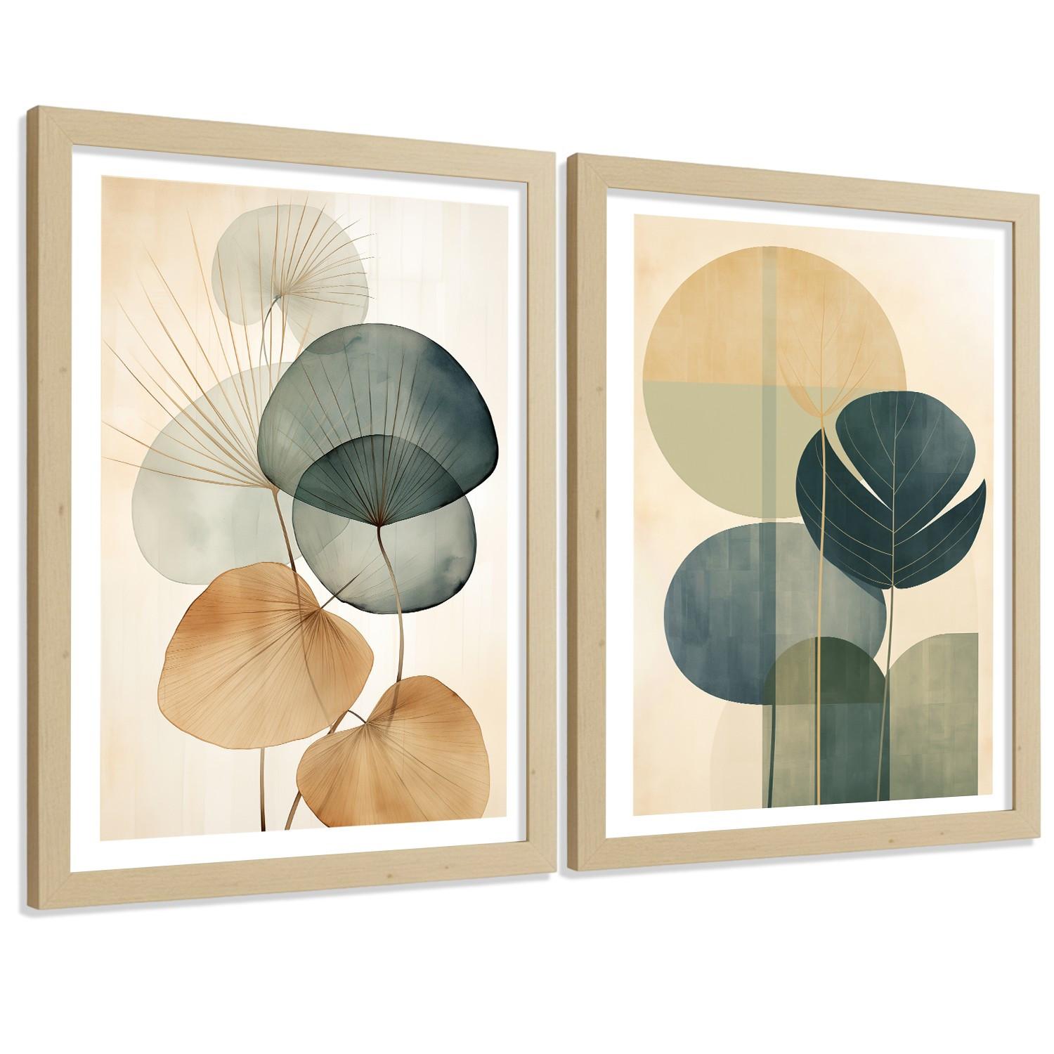 POSTER 2er Bilder-Set Wandbilder Geometrische Blumen modern Wohnzimmer Deko, Schlafzimmer, Küche, Badezimmer Leichter Holzrahmen A4 - Beige, Papier (29.7/1/21cm) - Nacnic
