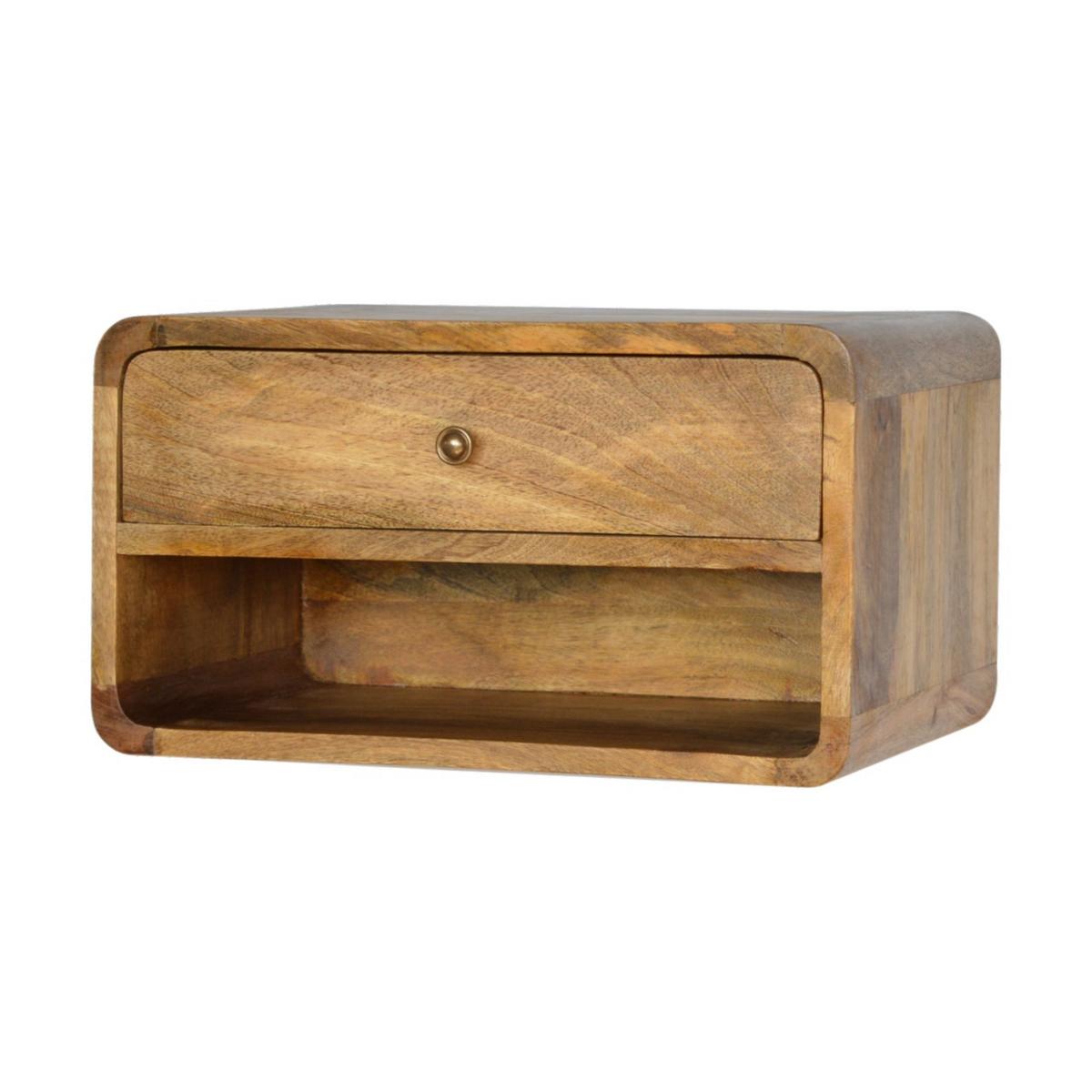 NACHTTISCH aus Massivholz, Wandmontiert, 1 Schublade, 1 offenes Regal, Beige - Eichefarben/Messingfarben, Holz/Metall (45/25/32cm) - Artisan Furniture