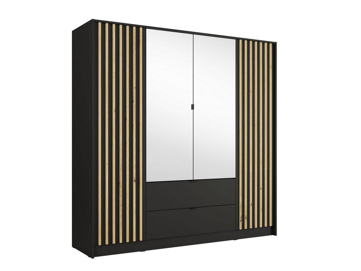 DREHTÜRENSCHRANK SATREN 200/200,5/54,5cm 4-türig mit Spiegel Schwarz - Schwarz/Eiche Artisan, Holzwerkstoff (200/200.5/54.5cm) - MASSENO