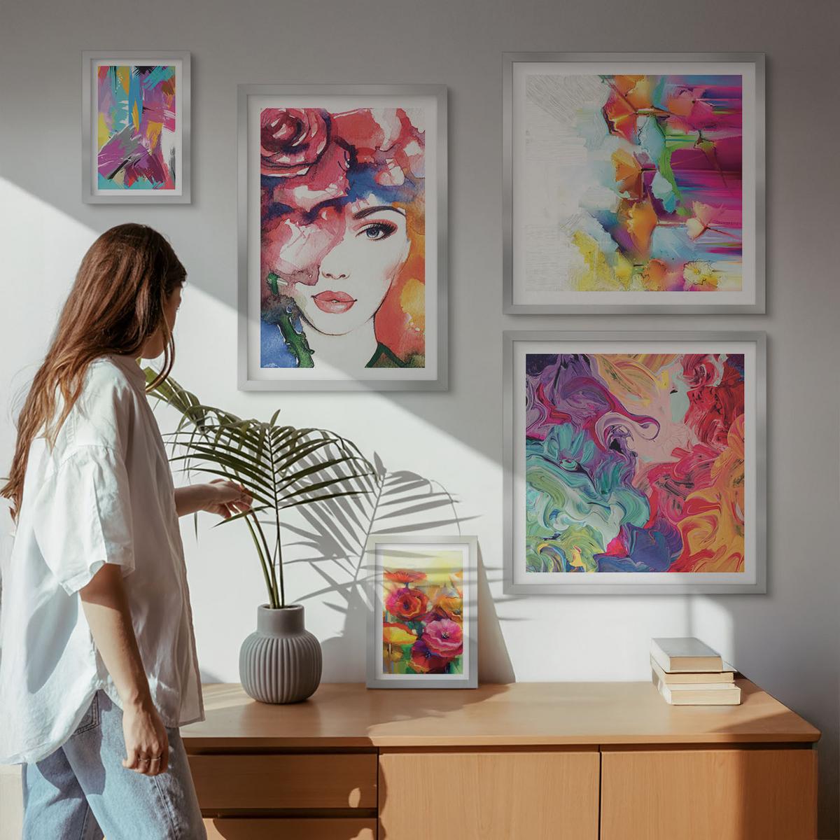 BILDER SET 5er Set - 50x50 cm & 20x30 cm & 40x60 cm Silberner Rahmen - Farbenfrohe Abstraktionen der Form - Silberfarben, Kunststoff (40/60cm) - TULUP