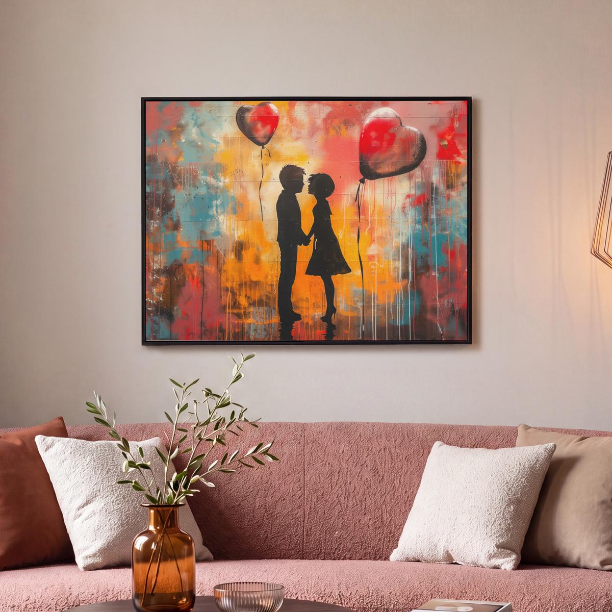 LEINWAND Bilder mit Rahmen - Straßenkunst - Liebe - Graffiti - Kunst - Banksy - 80x60 - Orange, Textil (80/60cm) - MuchoWow