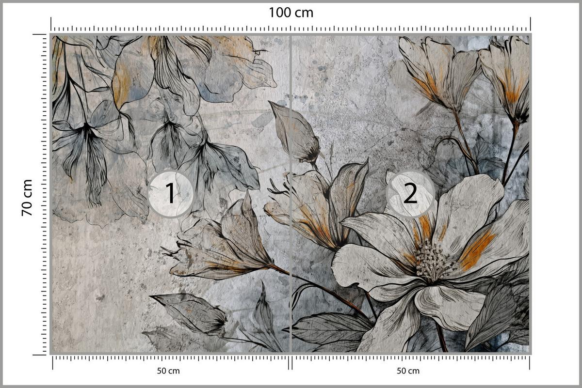 FOTOTAPETE für Büro Blumen Blätter Betongrund Vintage Pflanzen 100x70 - Grau, Papier (100/70cm) - Muralo