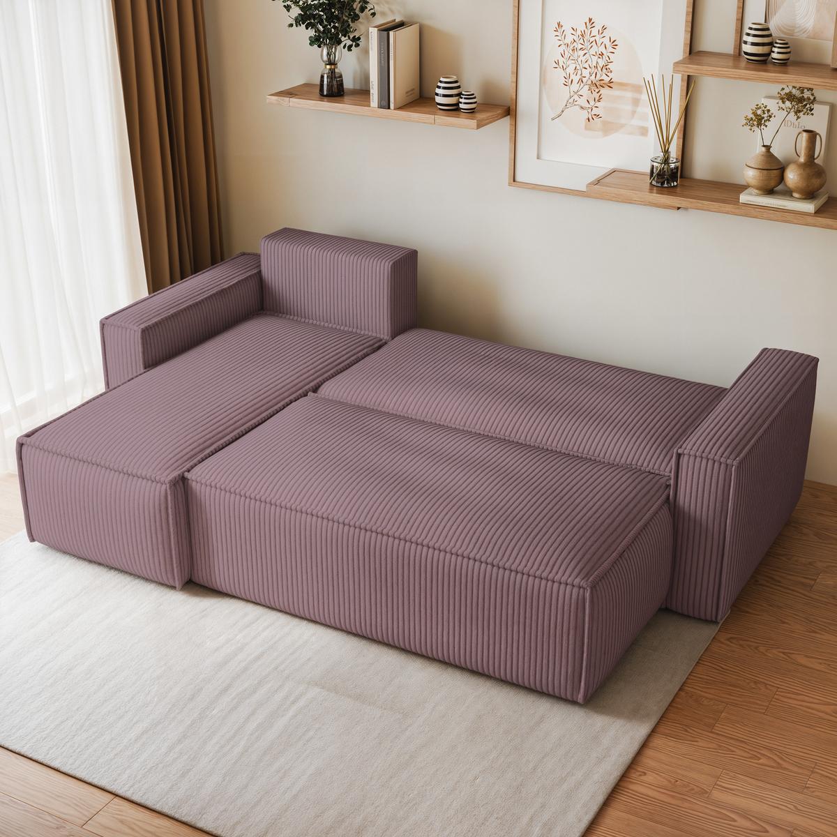 ECKSOFA RAVELO P Lila Kordstoff mit Schlaffunktion - Lila/Grau, Holz/Kunststoff (240/140cm) - MASSENO