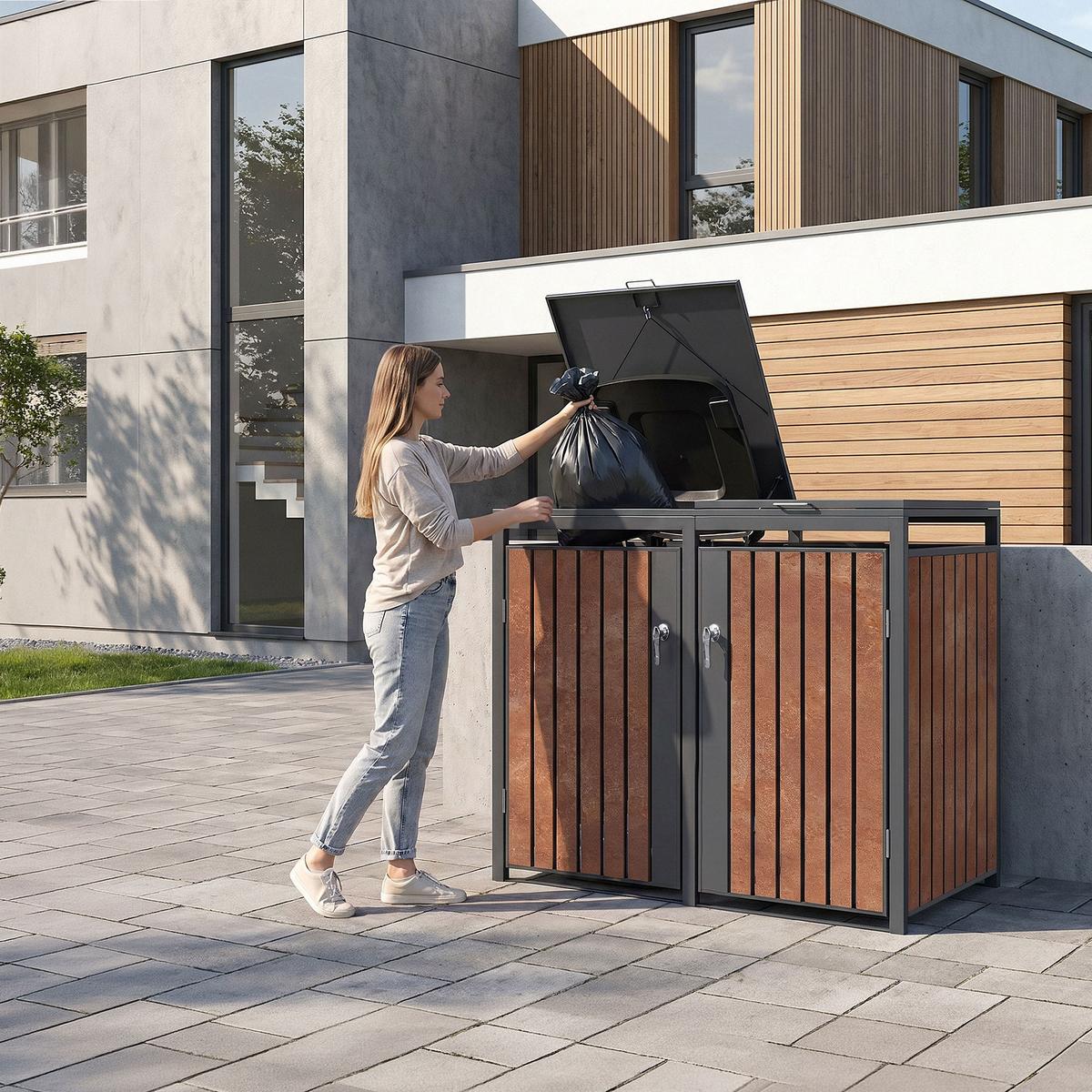 MÜLLTONNENBOX 4er Anthrazit-Rostoptik - Rotbraun, Metall (264/120/80cm) - ML-DESIGN