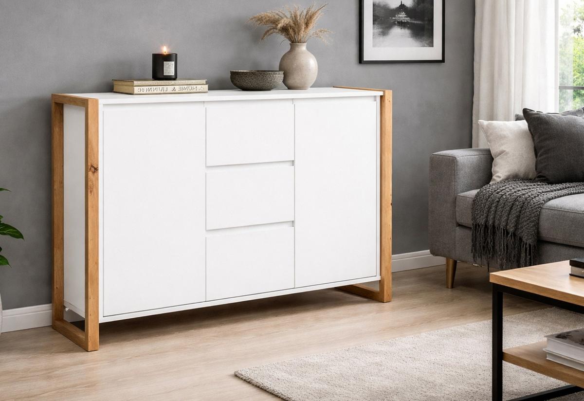 SIDEBOARD weiß, Eiche Artisan 120 x 88 cm, Kommode mit viel Stauraum - Weiß/Eiche Artisan, Holzwerkstoff (120/88/40cm) - Furn.Design