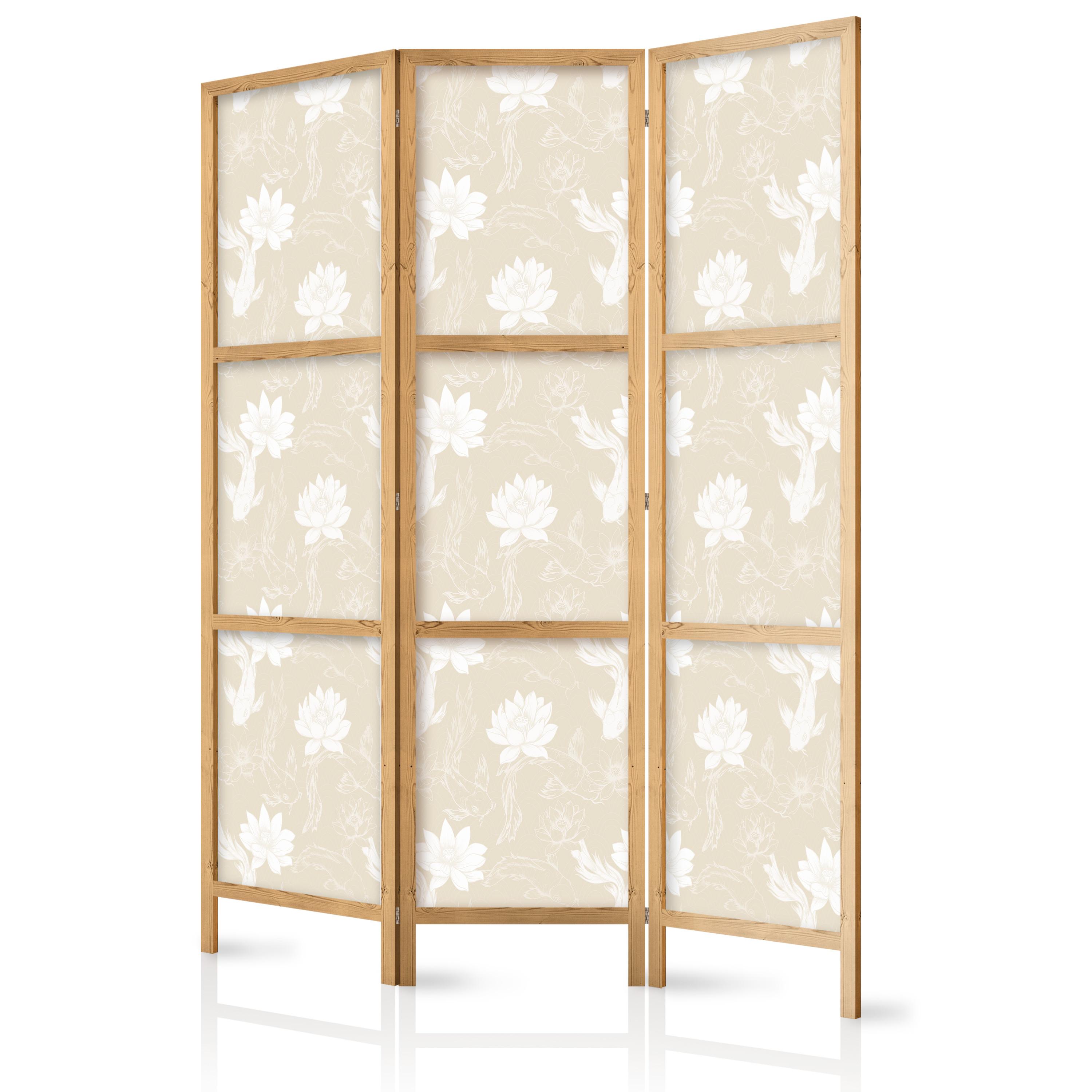 PARAVENT Japanischer 3-tlg 135x172 cm Fische und Blumen - Beige, Holz/Textil (135/172/3cm) - Muralo