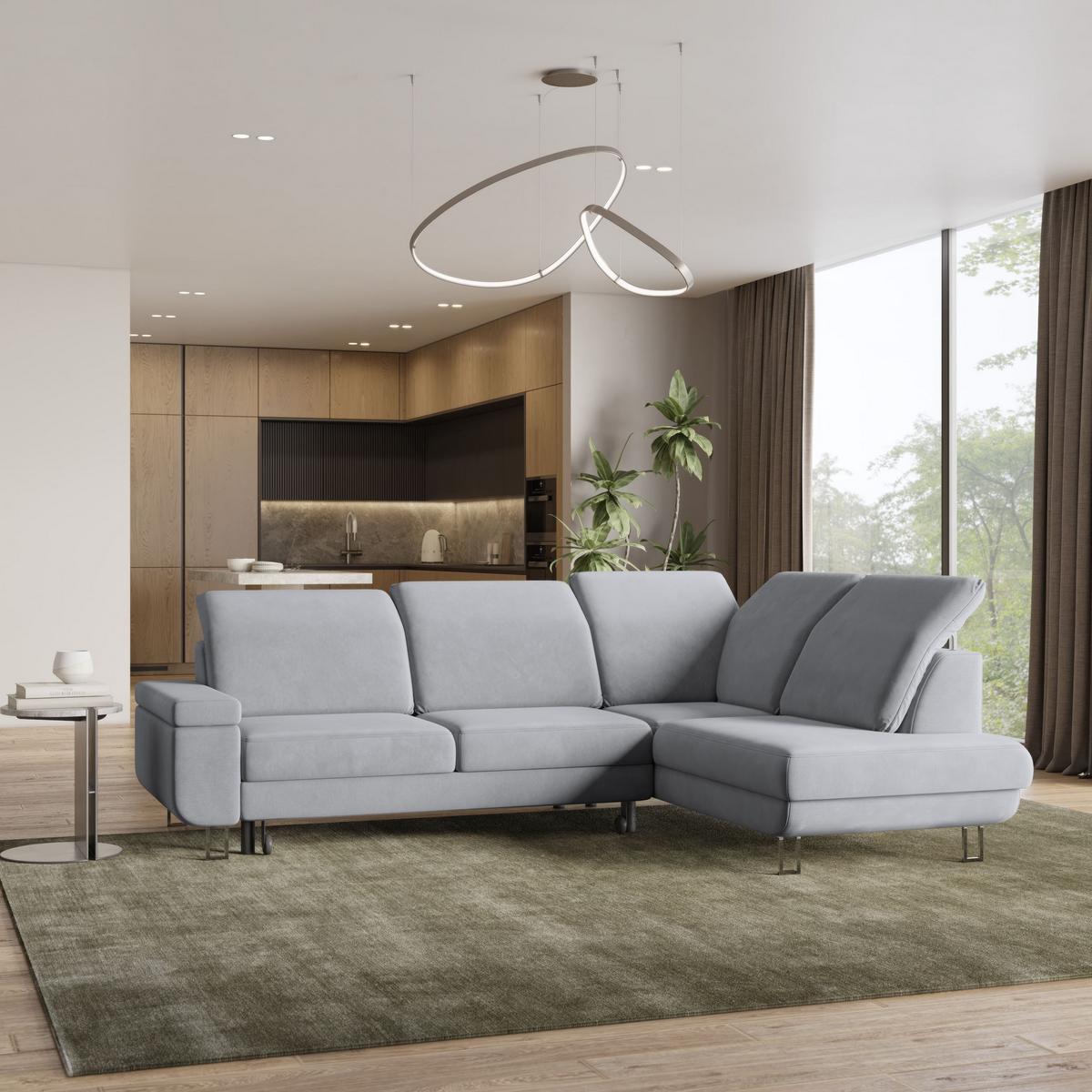 ECKSOFA LERMA R-S Hellgrau Velours-Stoff mit Schlaffunktion - Silberfarben/Hellgrau, Holz/Textil (253/190cm) - MASSENO