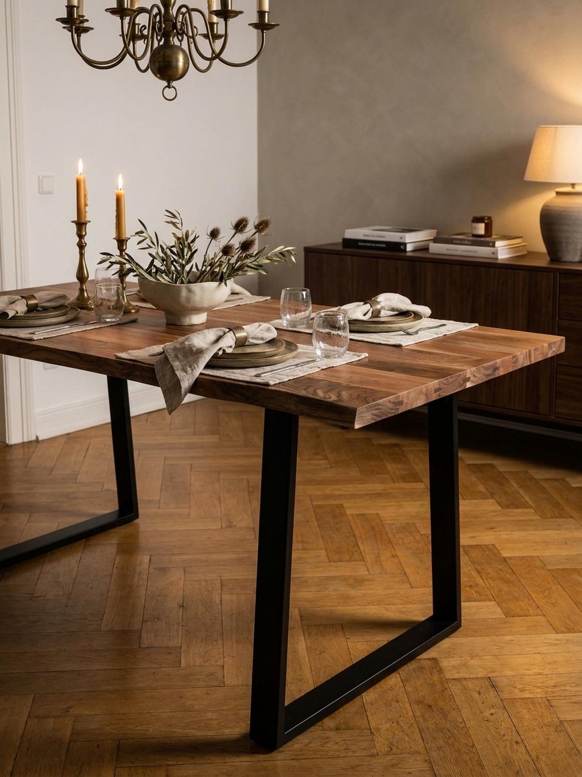 ESSTISCH Massivholz Baumkante Schwarz Metall Handgefertigt TARN, Goldbraun-Schwarz 120x60x76 cm - Schwarz/Braun, Holz (60/120/76cm) - KADIMA DESIGN