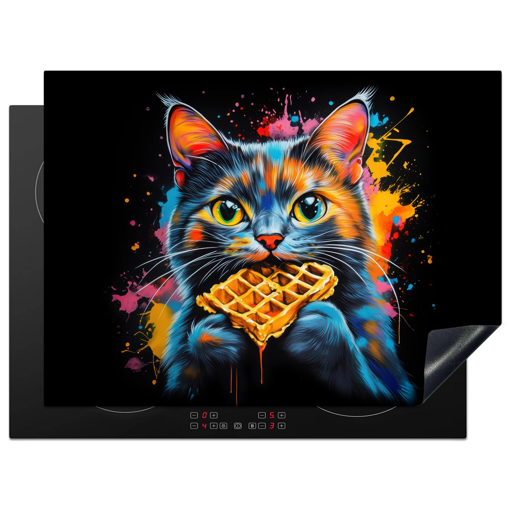 HERDABDECKPLATTE Katze - Graffiti - Bunt - Waffel - Essen Herdabdeckung Induktionsfeld 70x52 cm - Multicolor, Kunststoff (70/52/0.2cm) - MuchoWow
