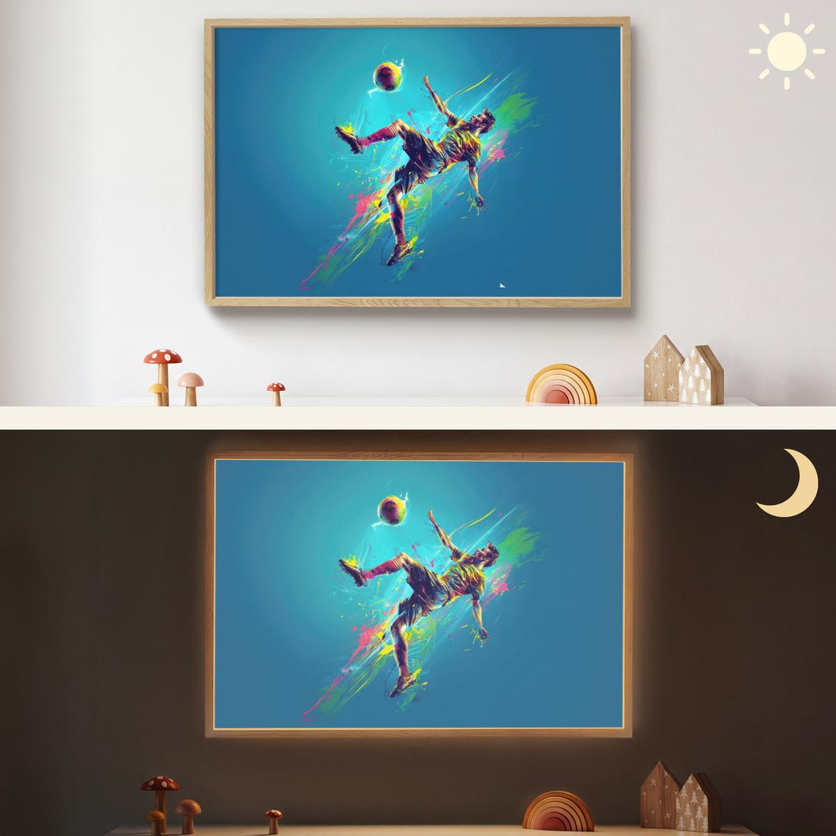 WANDLEUCHTE MIT AKKU Fußballer - Farbspritzer - Farbenfroh - Ball 90x60 cm - Blau, Holzwerkstoff (90/60/8cm) - OnlyWow