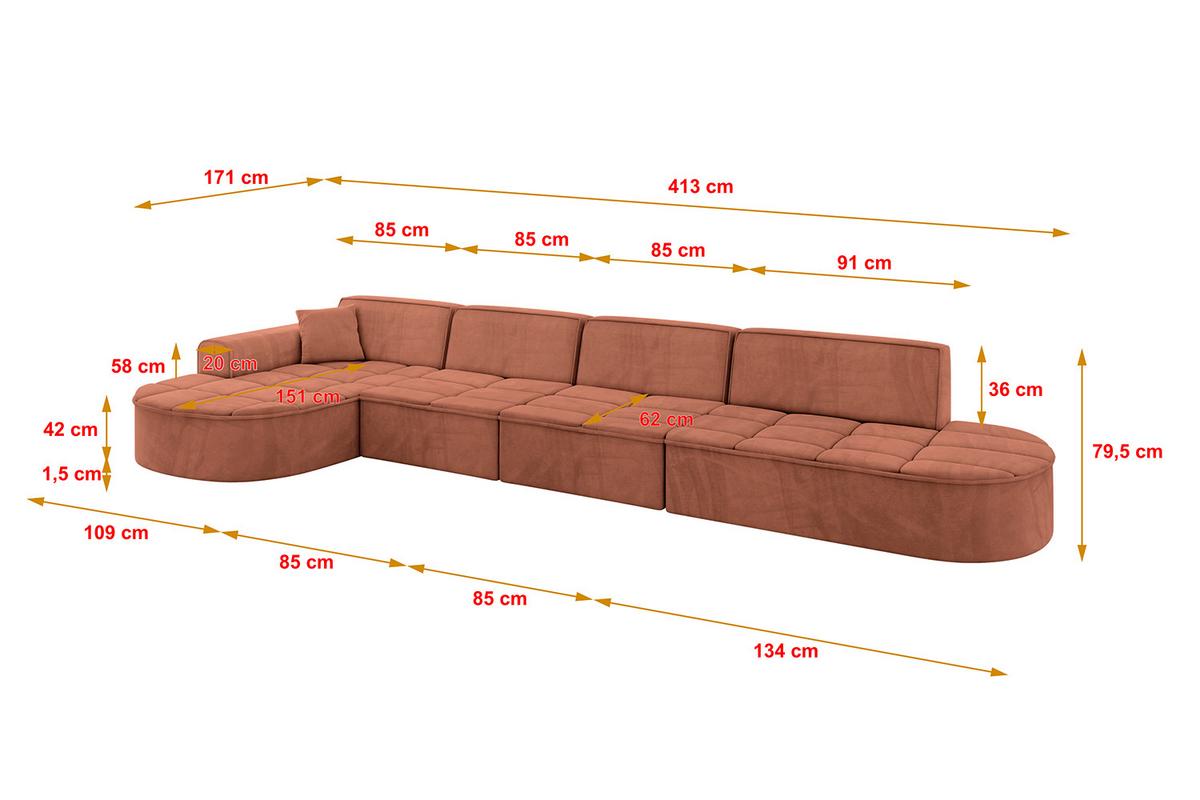 ECKSOFA Ottomane Links TARO-L3 - 413x171x79,5 cm Apricot - Koralle, Holzwerkstoff/Textil (413/171cm) - ALTDECOR