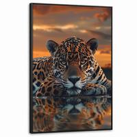 LEINWAND Bilder mit Rahmen - Natur - Leopard - Tier - Sonnenuntergang - Modern - 80x120 - Orange, Textil (80/120cm) - MuchoWow