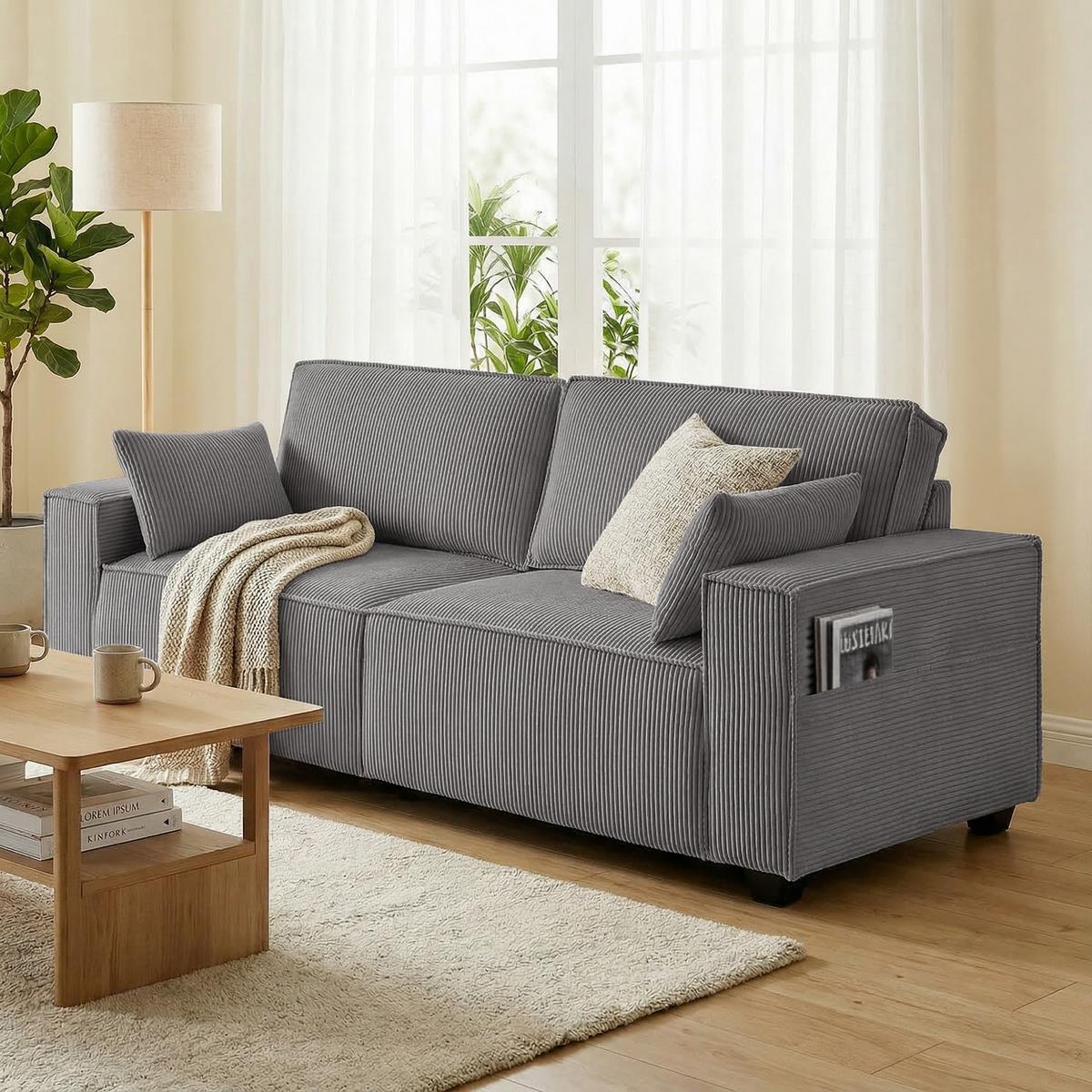 SOFA 3-Sitzer aus Polyester Hellgrau - Hellgrau/Schwarz, Holzwerkstoff/Kunststoff (79/91/218cm) - HOMCOM