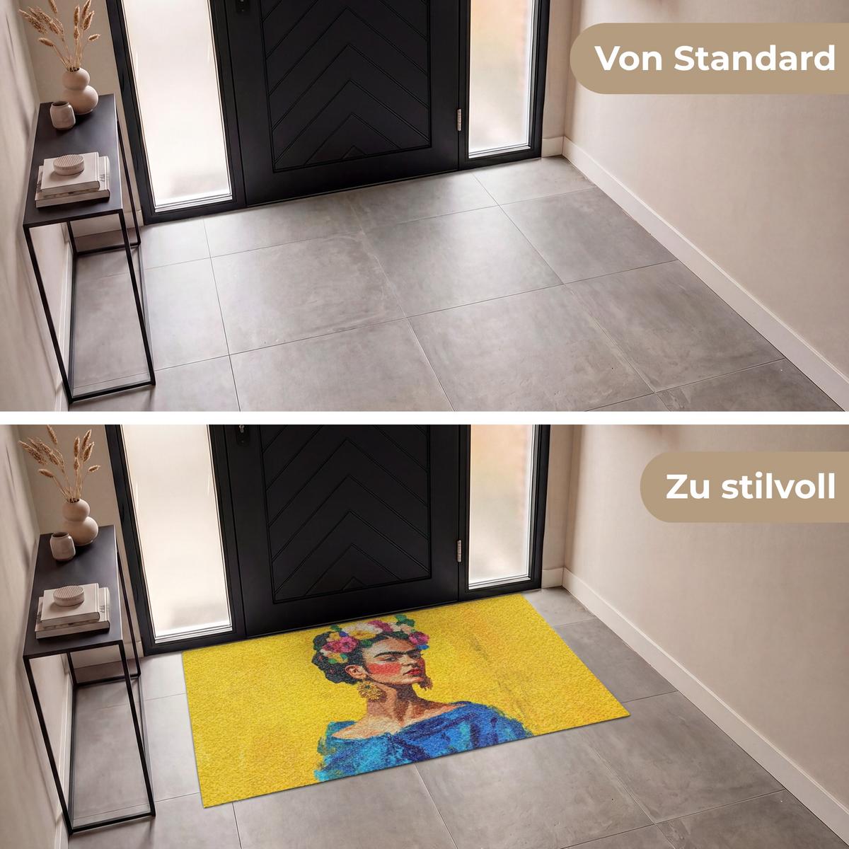 FUSSMATTE Frida Kahlo - Frau - Gelb - Blau - Blumen Schmutzfangmatte 150x90 cm - Gelb, Kunststoff (150/0.4cm) - MuchoWow