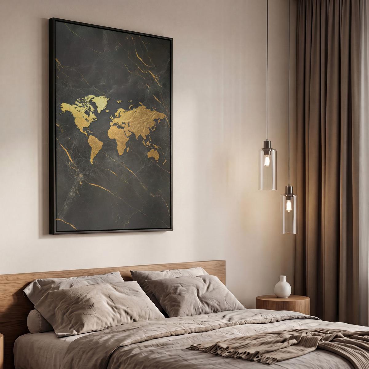 LEINWAND Bilder mit Rahmen - Weltkarte - Gold - Marmor - 60x90 - Goldfarben, Textil (60/90cm) - MuchoWow