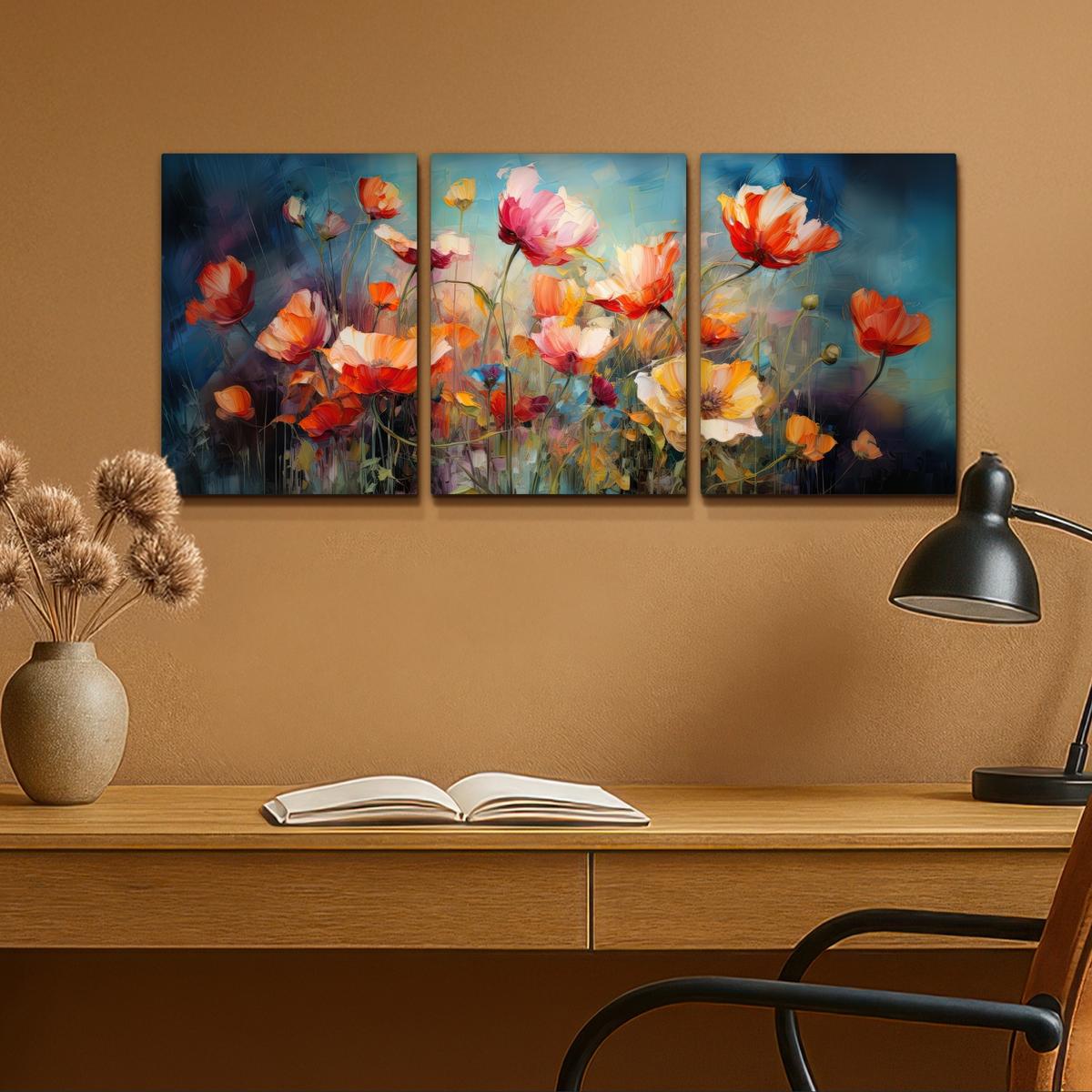 LEINWANDBILD 3er Set Blumen - Bunt - Abstrakt 90x40 cm - Blaugrau, Textil (90/40cm) - MuchoWow