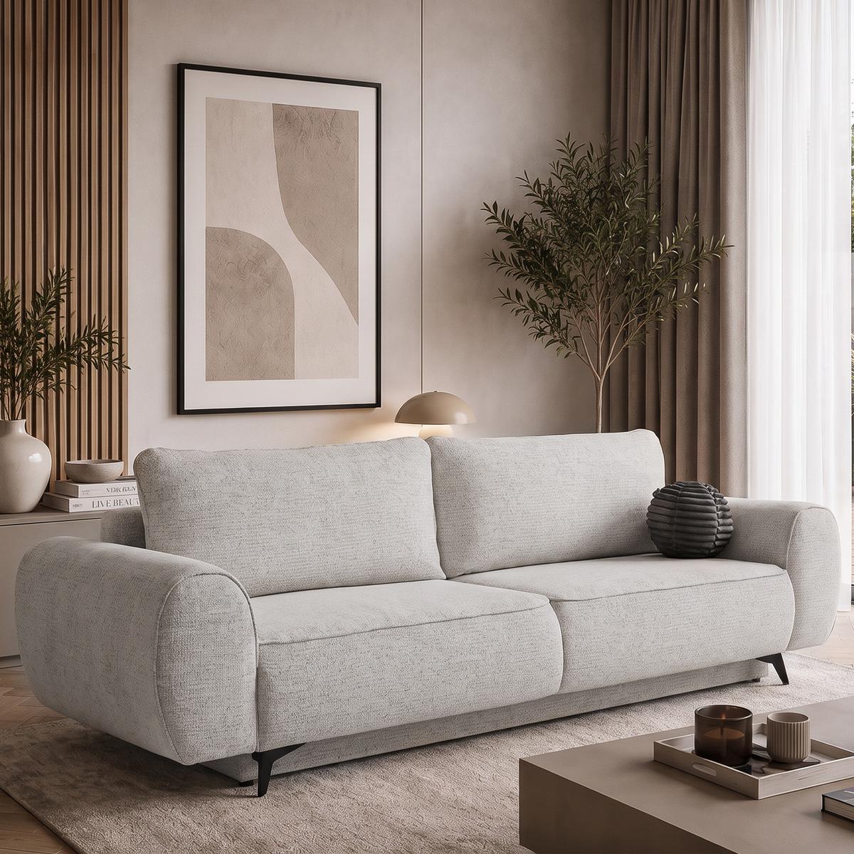 SCHLAFSOFA Vito 3-Sitzer mit Bettkasten, DL-System, Chenille-Stoff, Beige - Beige/Schwarz, Textil (256/90/99cm) - Beautysofa