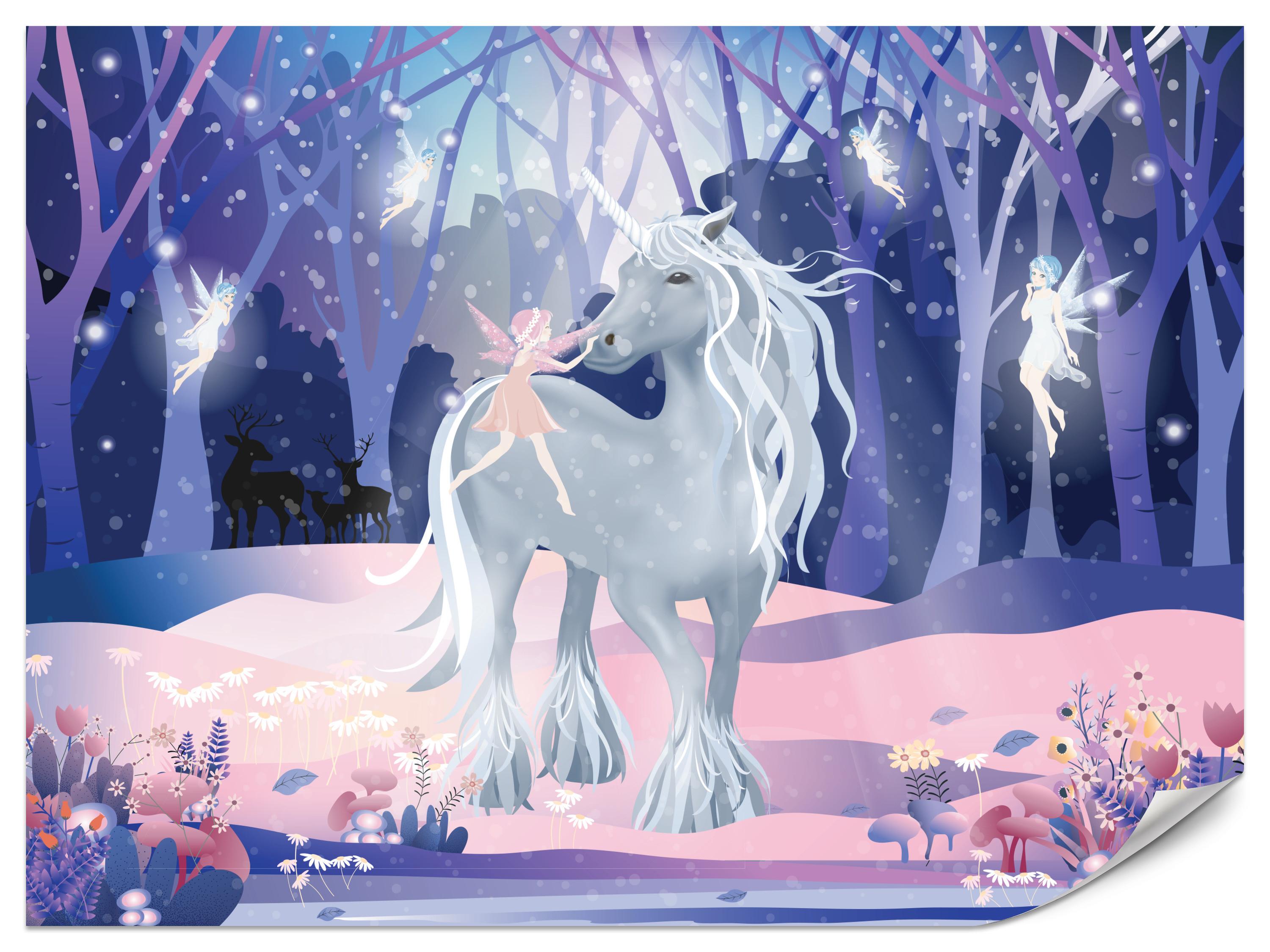 FOTOTAPETE für Kinderzimmer Einhorn Feen Magischer Wald 300x210 - Blau/Violett, Papier (300/210cm) - Muralo