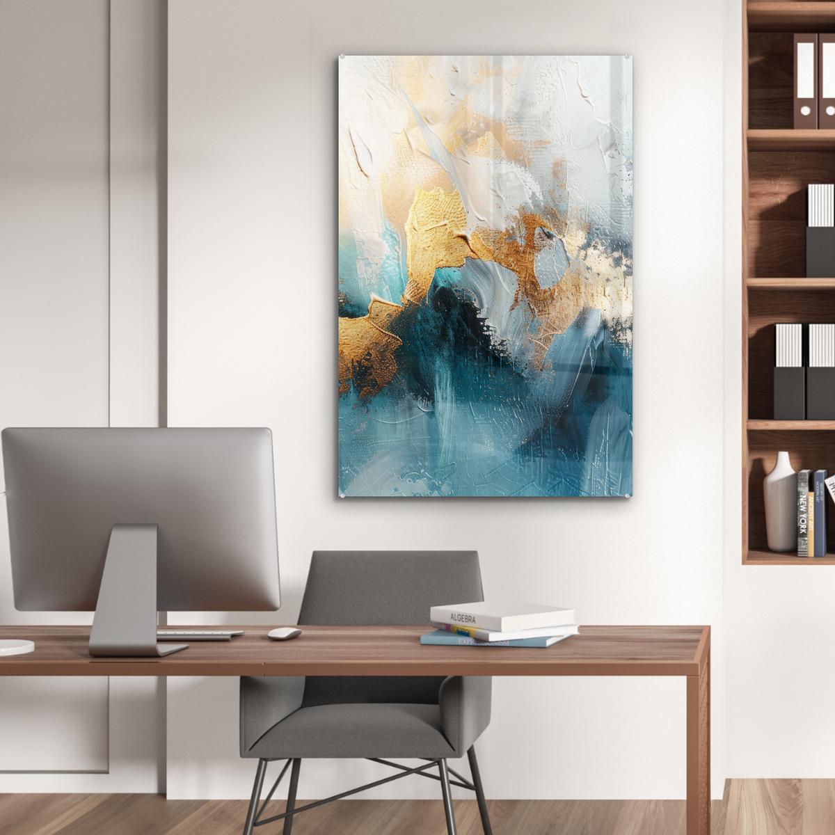 ACRYLGLASBILD Abstrakt - Kunst - Gold - Blau 80x120 cm - Petrol, Glas (80/120cm) - MuchoWow