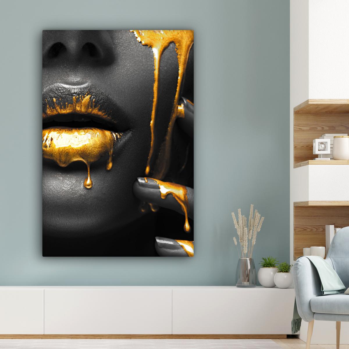 LEINWANDBILD Frau - Schwarz - Gold - Gesicht - Lippen Deko XXL 80x120 cm - Goldfarben, Textil (80/120cm) - MuchoWow