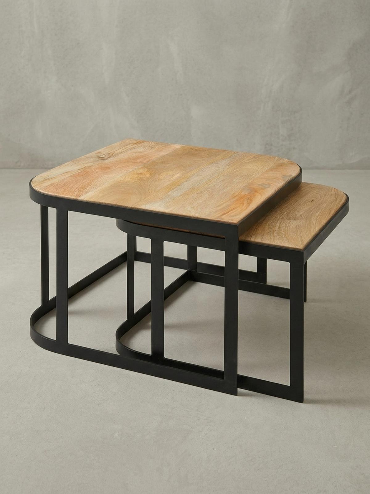 BEISTELLTISCH 2er Set Mango Massivholz Eisen Abgerundete Ecken TIMAVO, Braun 60x60x40 cm - Schwarz/Braun, Holz/Metall (60/60/40cm) - KADIMA DESIGN
