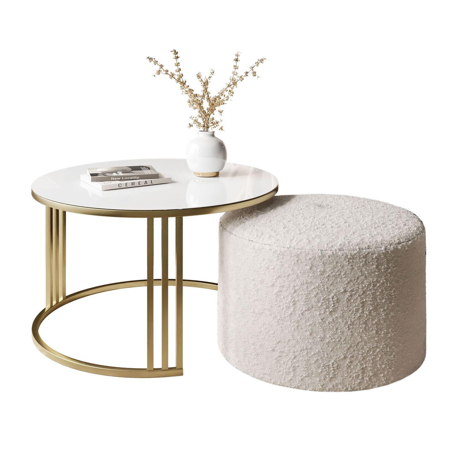 COUCHTISCH mit Hocker LORI GLASS gebürstetes Gold/weißes Glas/Coral 65 - Weiß, Metall (70/70/49cm) - Lookway