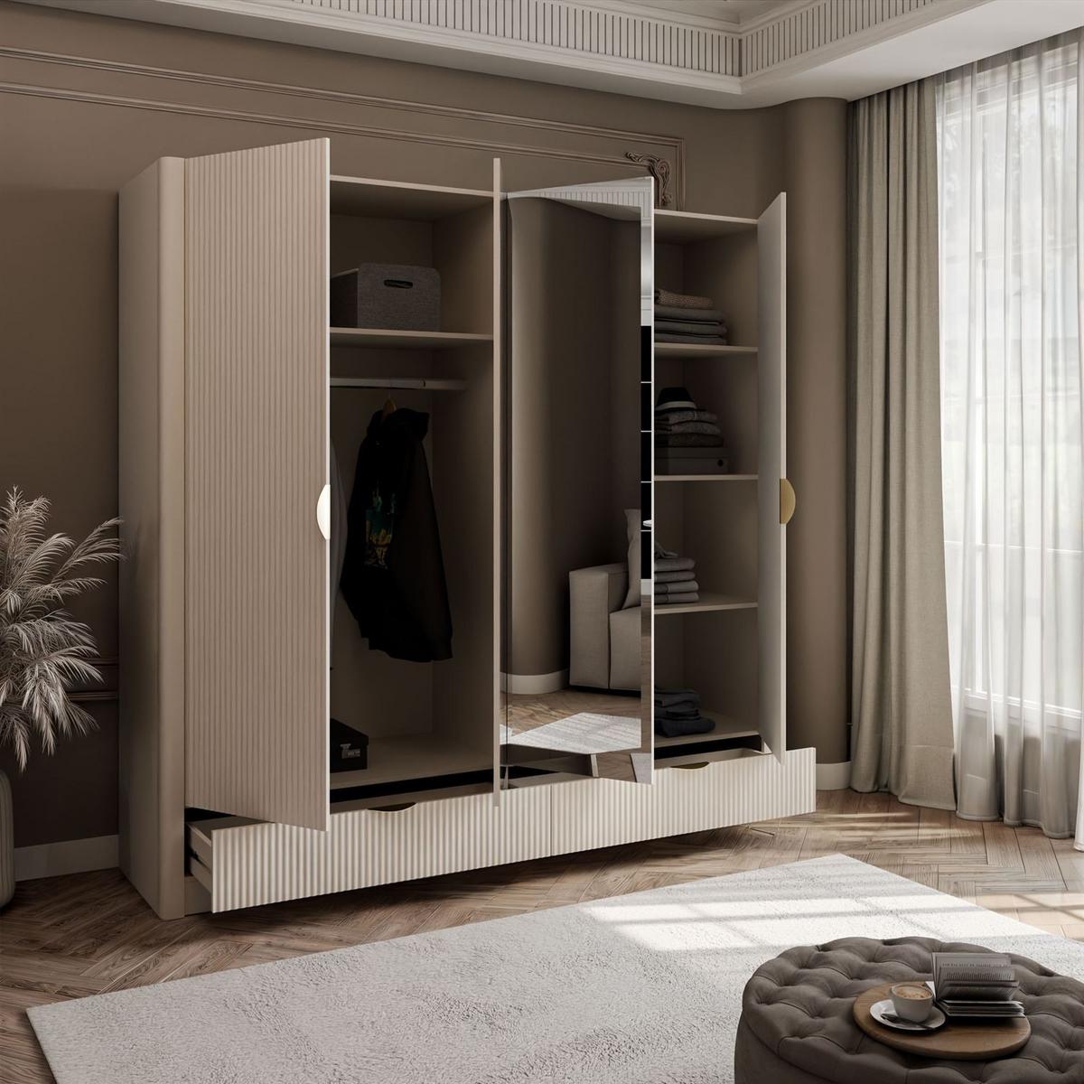 WARDROBE SCARLETT MIT SCHUBLADEN BEIGE + GOLD - Beige, Holzwerkstoff - Lookway