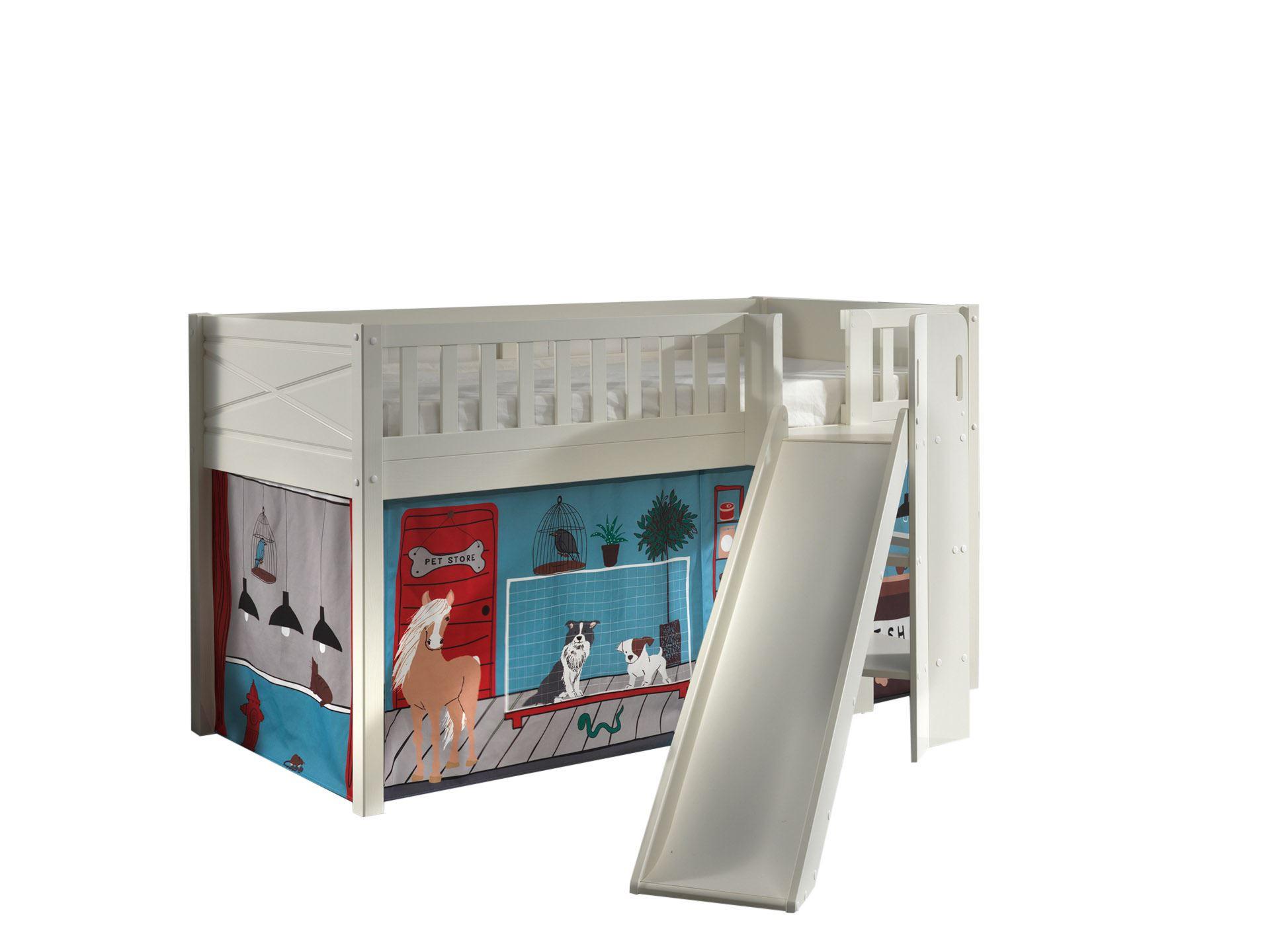 HOCHBETT mit Rutsche Karyl Massivholz Weiß Textilset Pet Shop - Blaugrau/Weiß, Holz (90/200cm) - 58aufmkessel