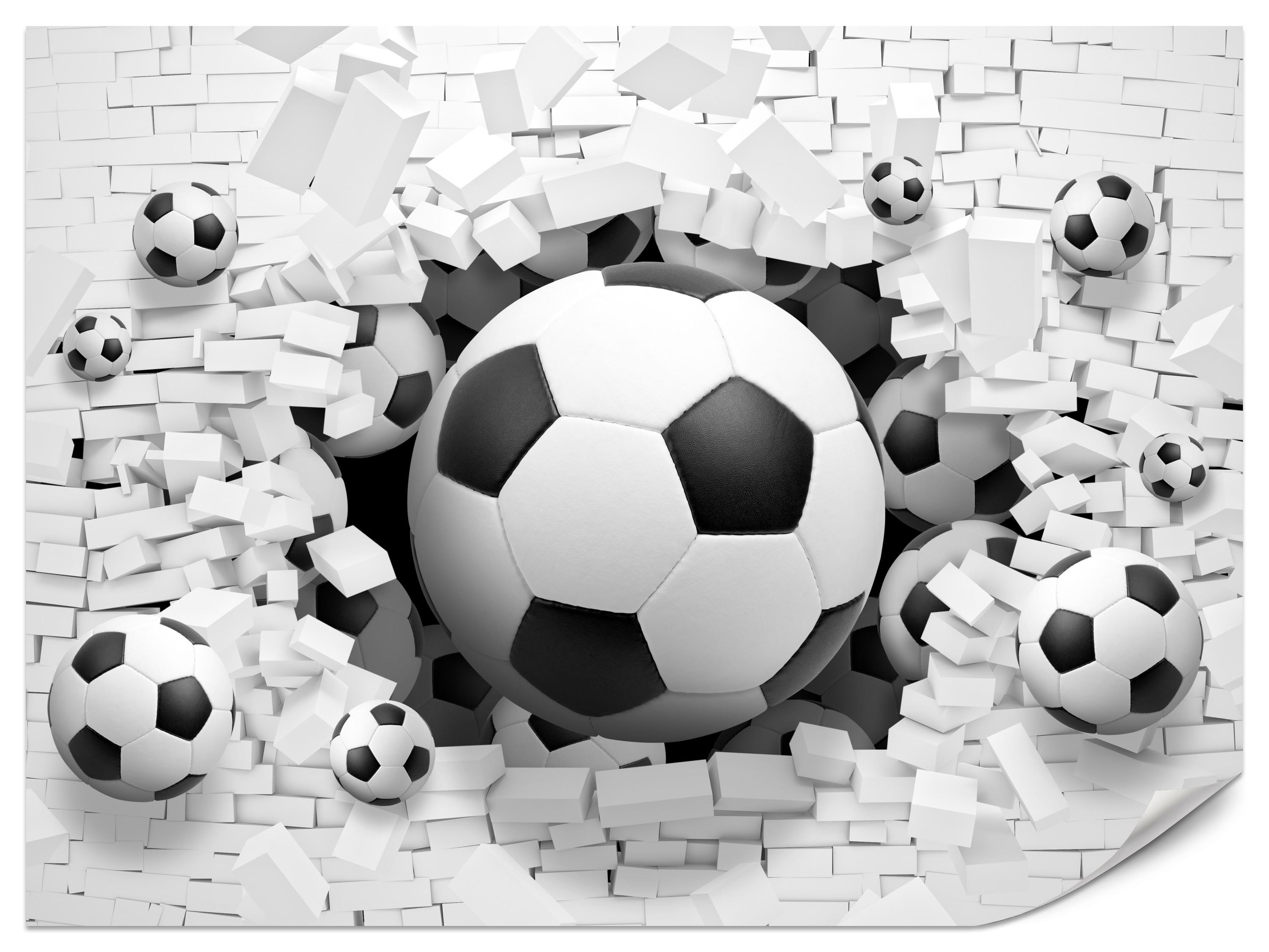 FOTOTAPETE für Jugendzimmer Fußbälle Weiße Ziegelwand Sport 250x175 - Schwarz/Weiß, Papier (250/175cm) - Muralo