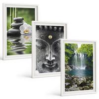 BILDER SET 3er Set - 40x60 cm Weißer Rahmen - Harmoniesteine Wasser Buddha - Weiß, Kunststoff (40/60cm) - TULUP