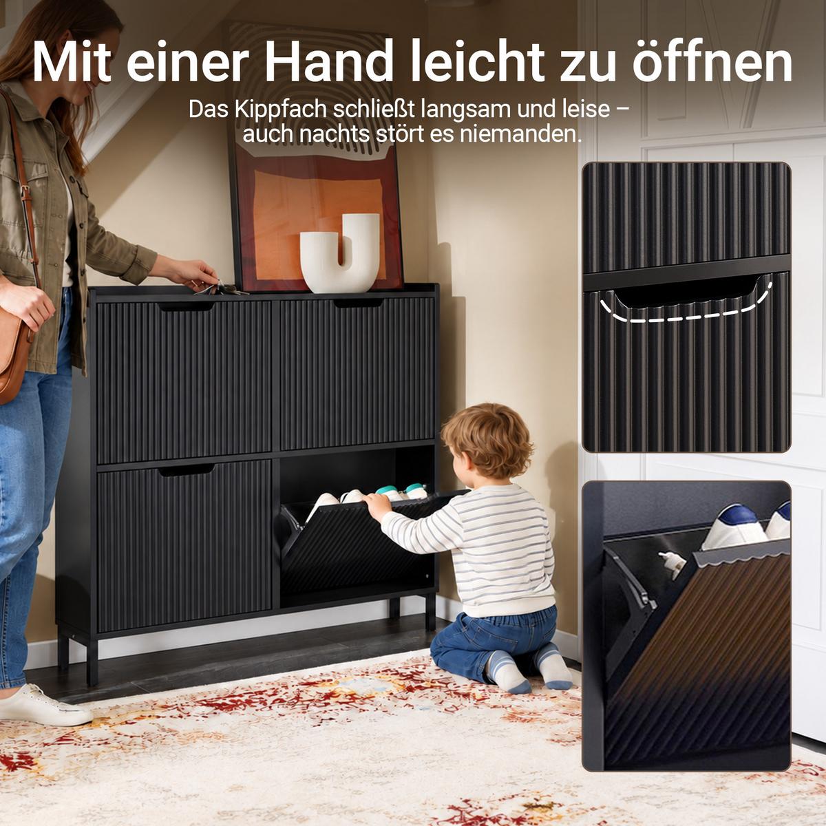 SCHUHSCHRANK schmal, nur 19 cm tief, 100x19x91 cm, schwarz, 4 Klappen, bis EU 46, modern, für Flur & Diele - Schwarz, Holzwerkstoff/Metall (100/91/19cm) - SoBuy