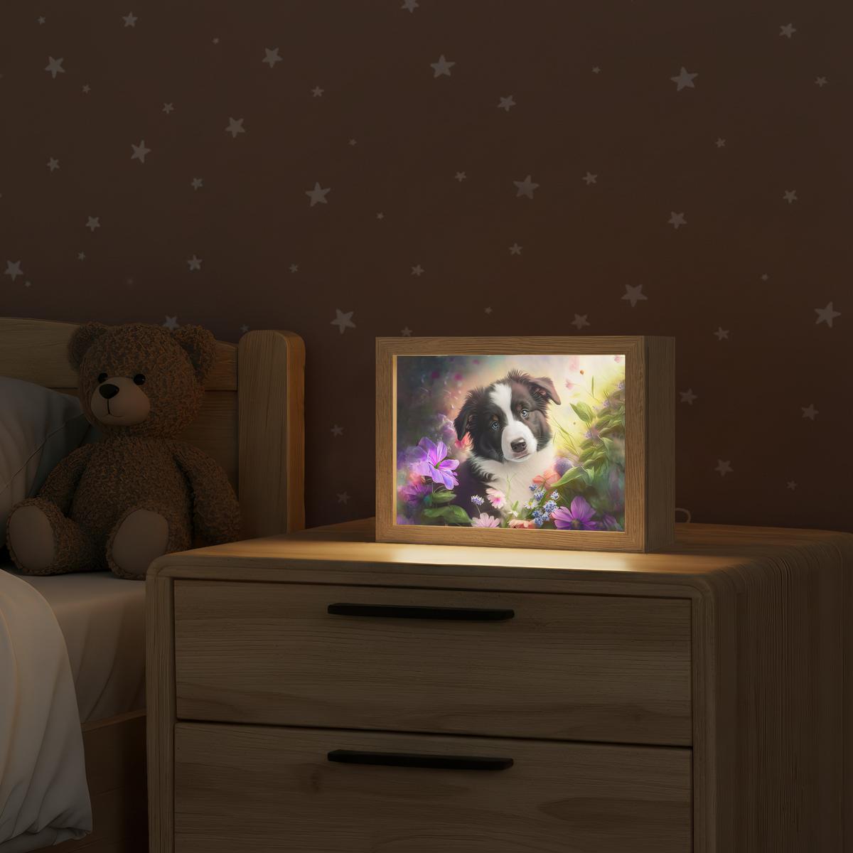 NACHTTISCHLAMPE Welpe - Sonne - Blumen - Natur - Border Collie - Hund 20x15 cm - Violett, Holzwerkstoff (8/20/15cm) - OnlyWow