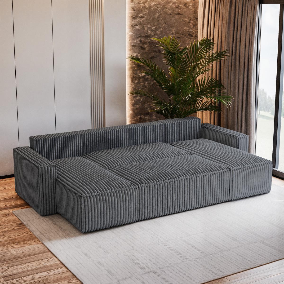 WOHNLANDSCHAFT PESANO T Graphitfarben Kordstoff mit Schlaffunktion - Graphitfarben/Grau, Holz/Kunststoff (306/85/140cm) - MASSENO