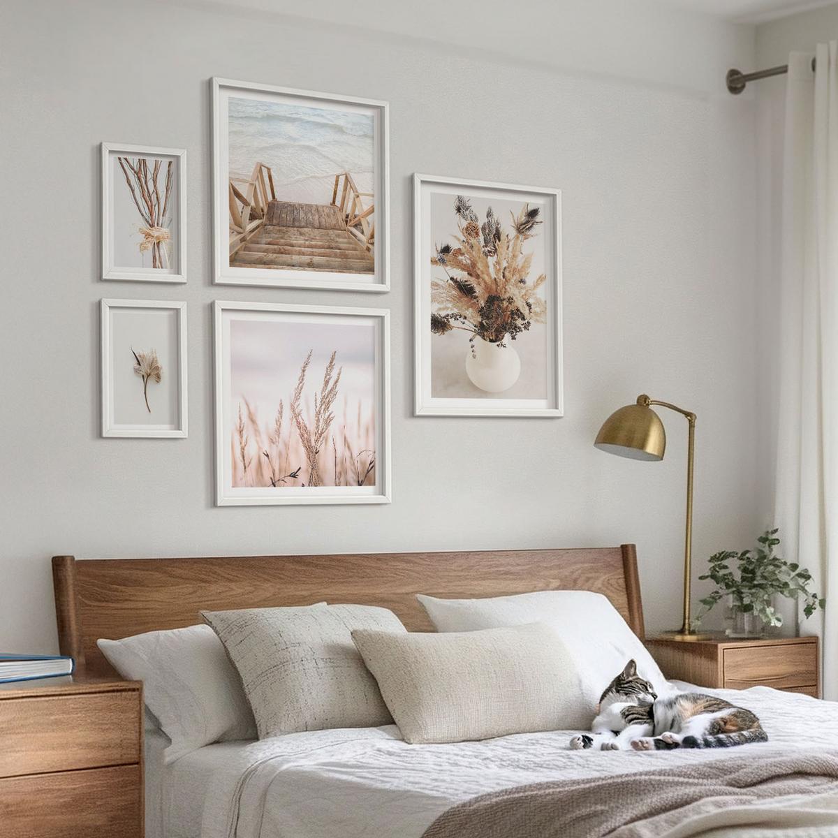 BILDER SET 5er Set - 50x50 cm & 20x30 cm & 40x60 cm Weißer Rahmen - Blumenzweige Minimalismus Natur - Weiß, Kunststoff (40/60cm) - TULUP