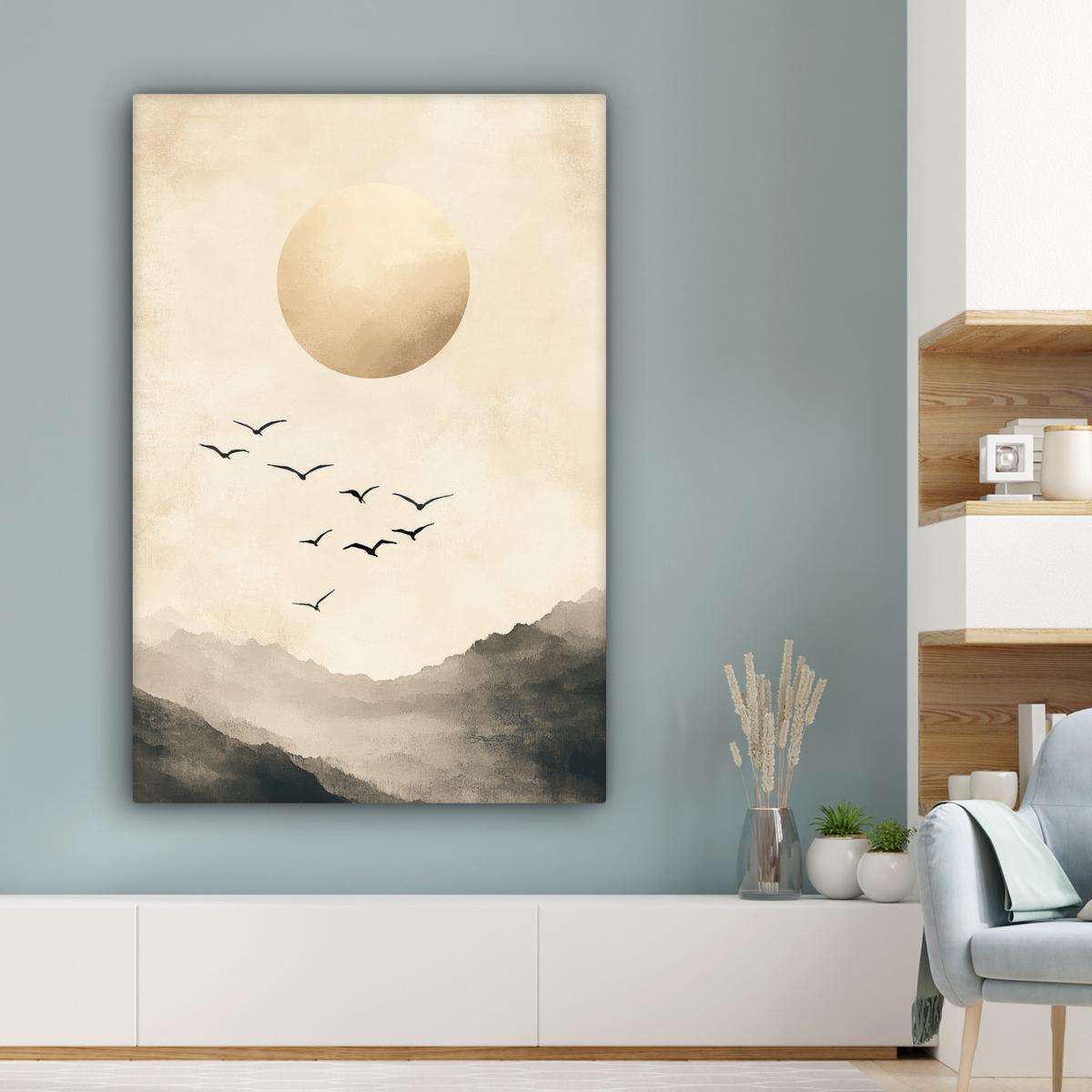 LEINWANDBILD Landschaft - Japandi - Vogel Deko XXL 80x120 cm - Beige, Textil (80/120cm) - MuchoWow