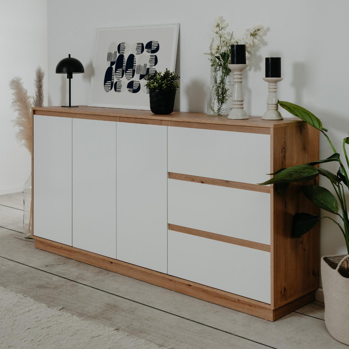 SIDEBOARD mit 3 Türen und 3 Schubladen Hochglanz Weiß und Artisan-Eiche 178/40/88 cm - Weiß Hochglanz, Holzwerkstoff (40/88/41.5cm) - Calicosy