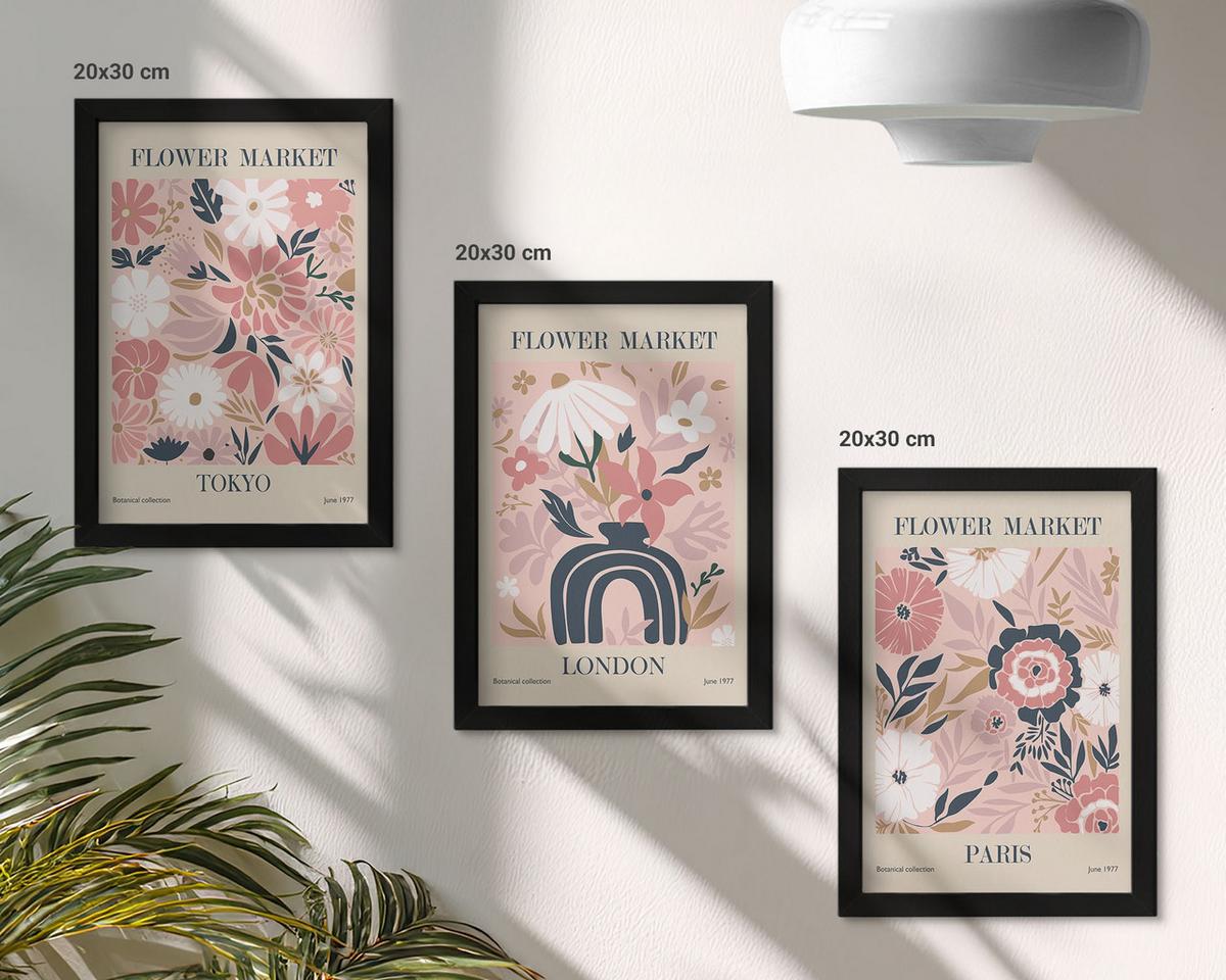 BILDER SET 3er Set - 20x30 cm Schwarzer Rahmen - Blumenmotive Tokio London Paris - Schwarz, Kunststoff (20/30cm) - TULUP